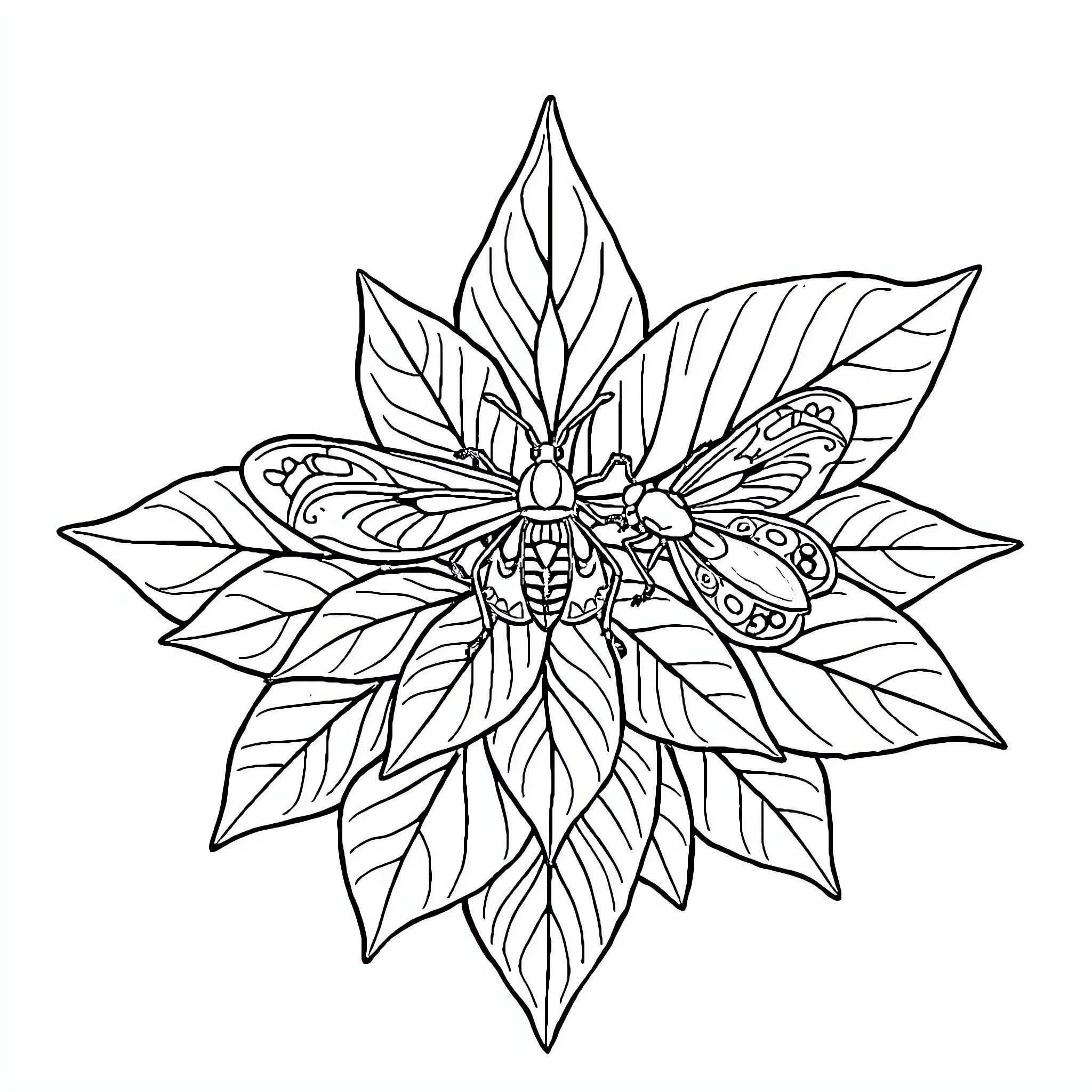 Insect floral design with intricate patterns Coloring Page (free black-and-white line drawing printable PDF for all, from beginners to advanced learners, including children, teens, adults, and seniors)