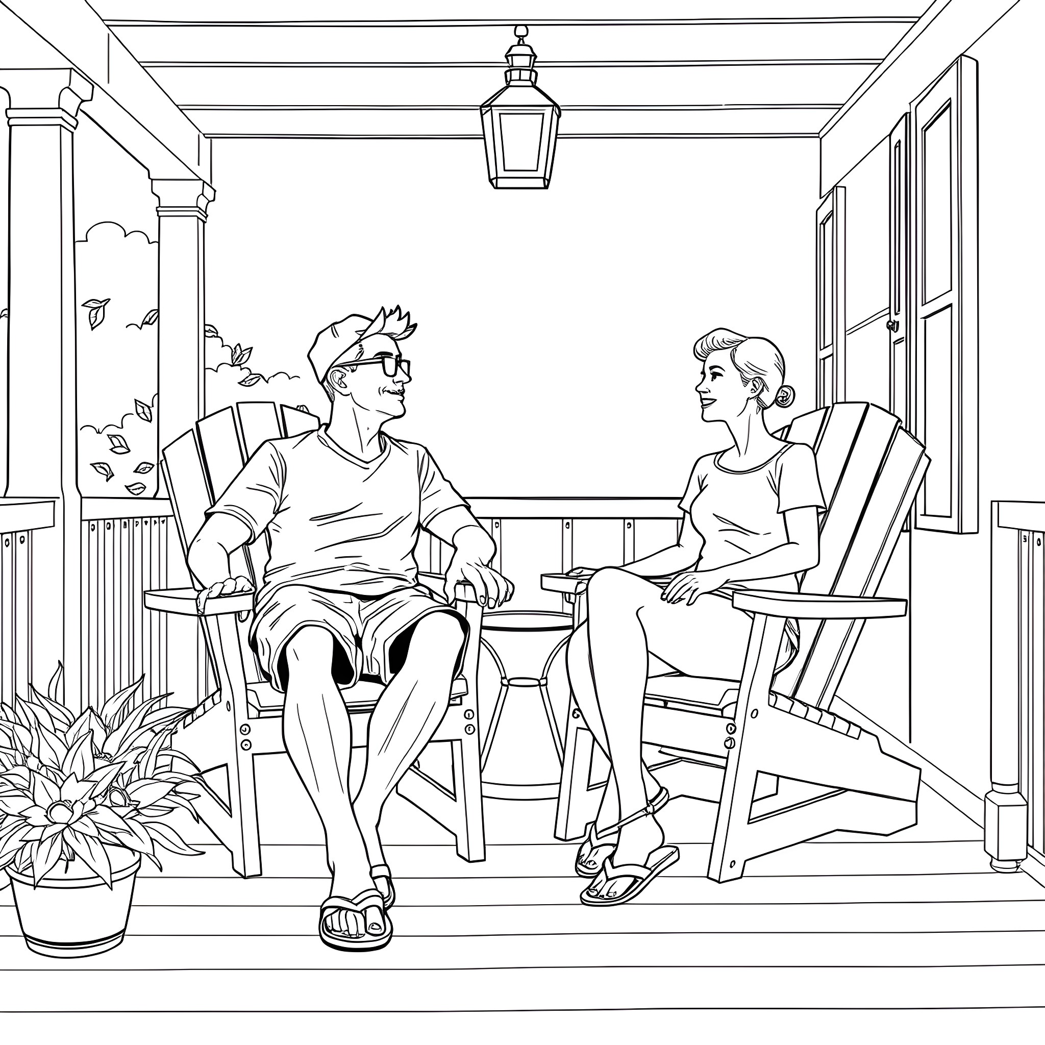 Man and Woman Relaxing on the Porch Coloring Page (free black-and-white line drawing printable PDF for all, from beginners to advanced learners, including children, teens, adults, and seniors)