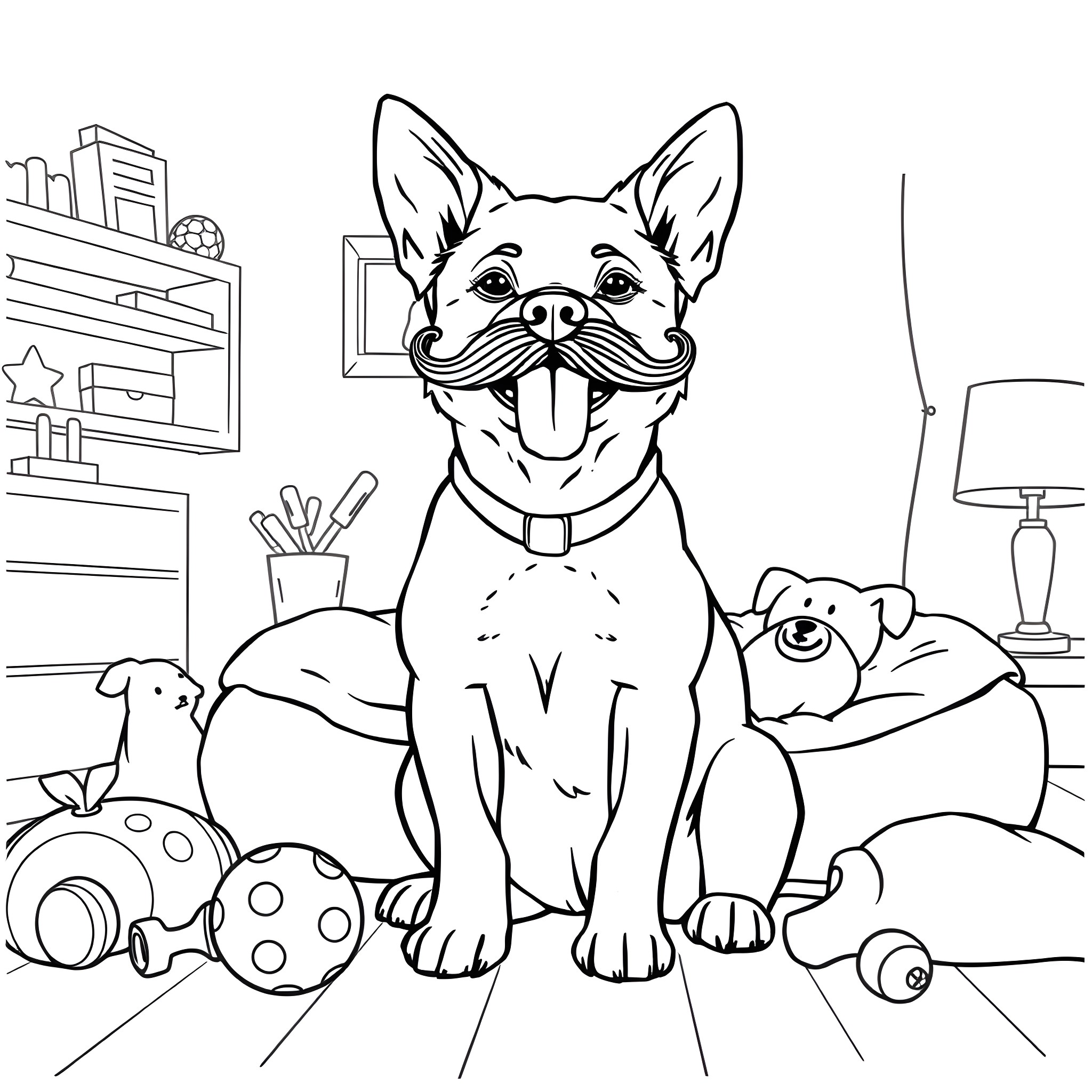 Dog playing with toys in the room Coloring Page (free black-and-white line drawing printable PDF for all, from beginners to advanced learners, including children, teens, adults, and seniors)