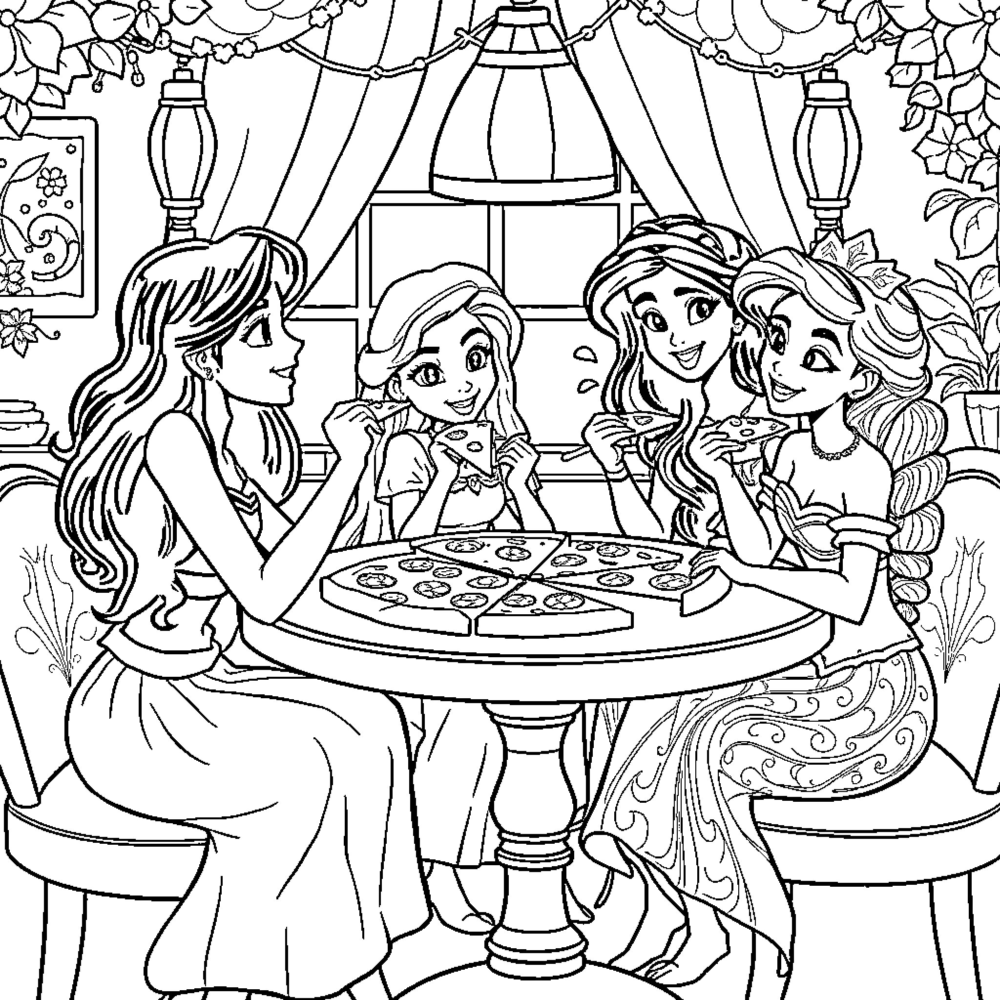 Princess Enjoying a Cozy Night with Friends Coloring Page (free black-and-white line drawing printable PDF for all, from beginners to advanced learners, including children, teens, adults, and seniors)