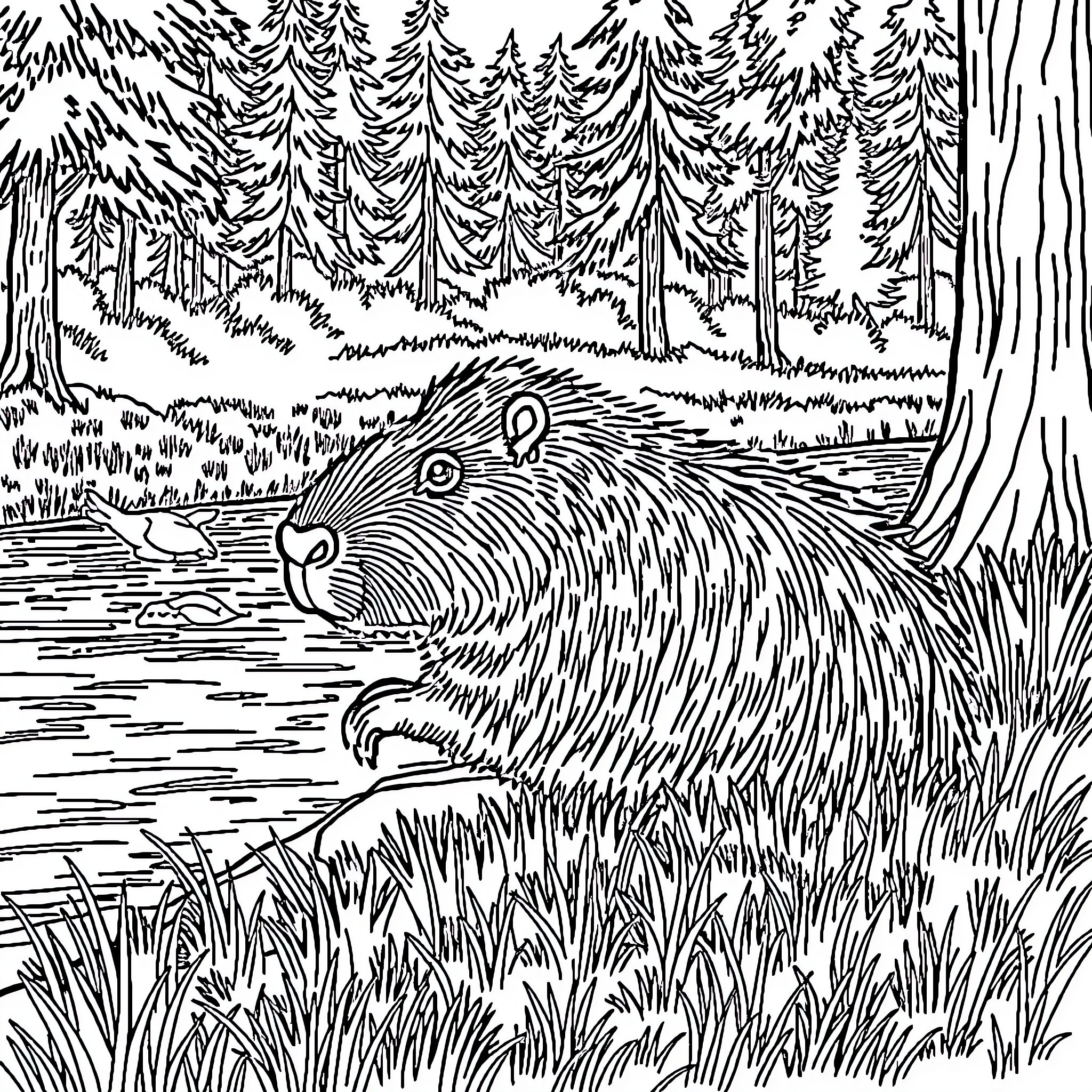 Capybara relaxing in a forest stream Coloring Page (free black-and-white line drawing printable PDF for all, from beginners to advanced learners, including children, teens, adults, and seniors)