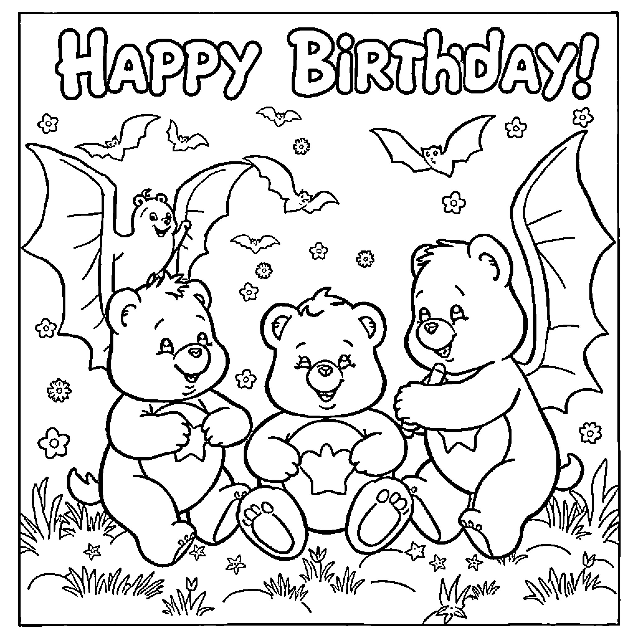 Birthday Card with Smiling Teddy Bears and Bats Coloring Page (free black-and-white line drawing printable PDF for all, from beginners to advanced learners, including children, teens, adults, and seniors)