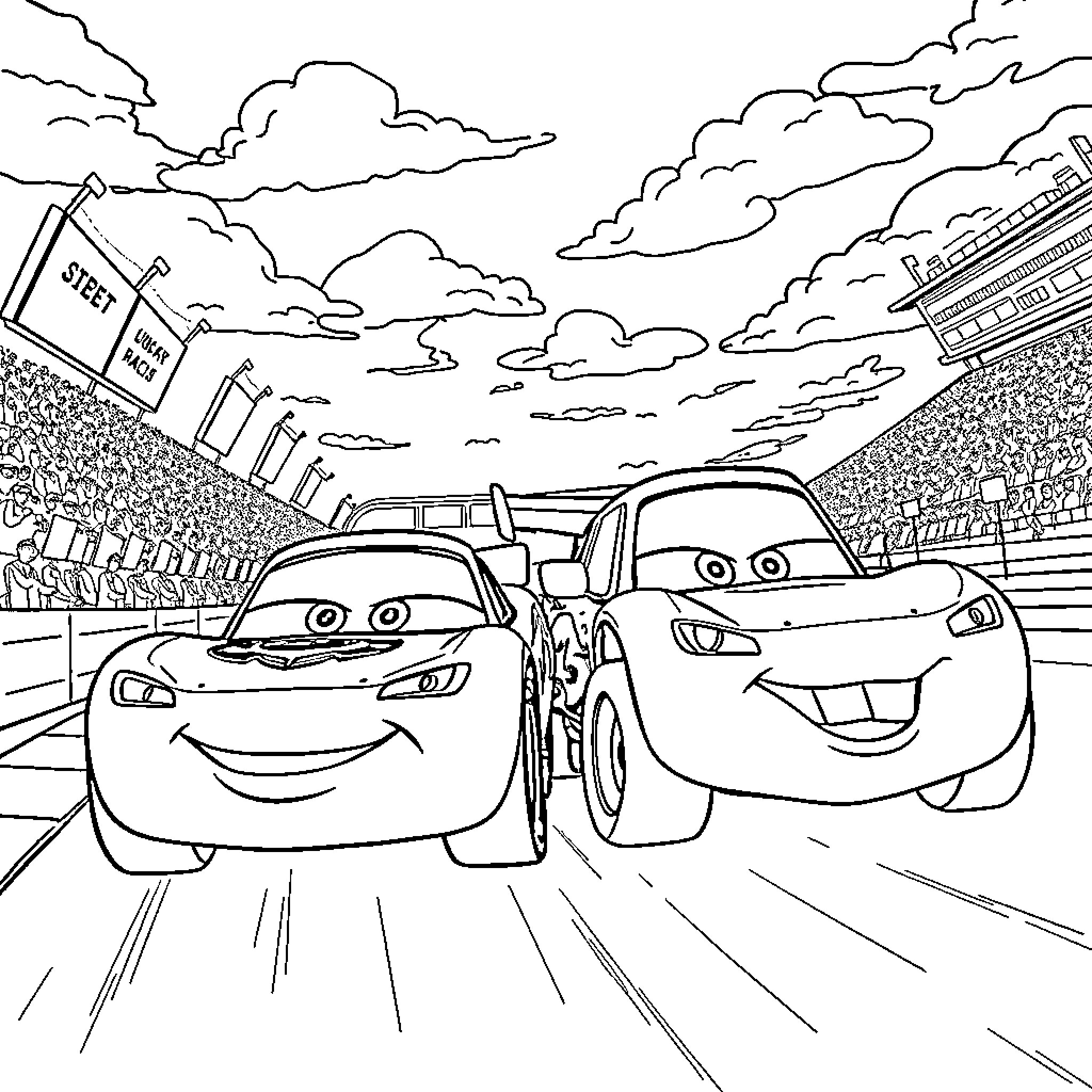 Lightning McQueen racing at the speedway Coloring Page (free black-and-white line drawing printable PDF for all, from beginners to advanced learners, including children, teens, adults, and seniors)