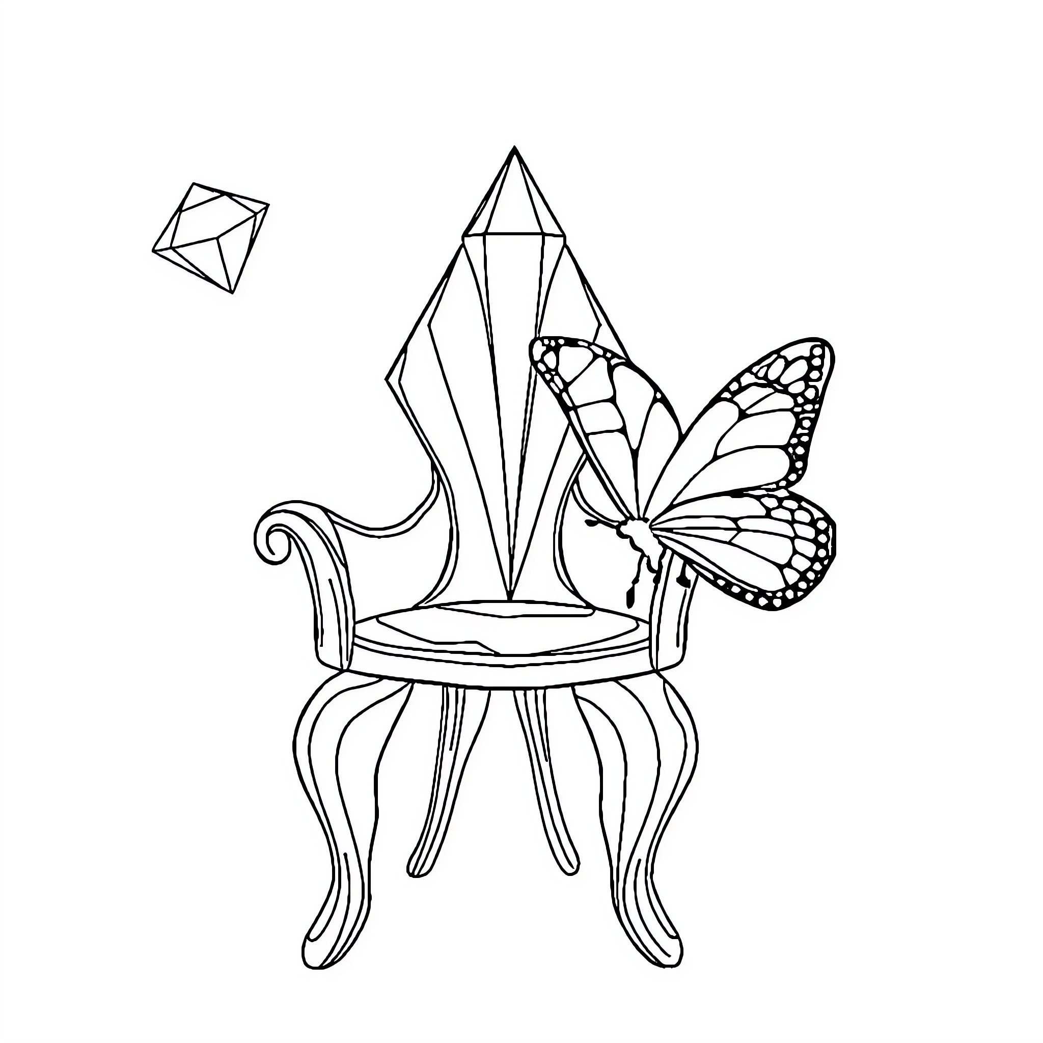 Cadira with Whimsical Butterfly and Geometric Shapes Coloring Page (free black-and-white line drawing printable PDF for all, from beginners to advanced learners, including children, teens, adults, and seniors)