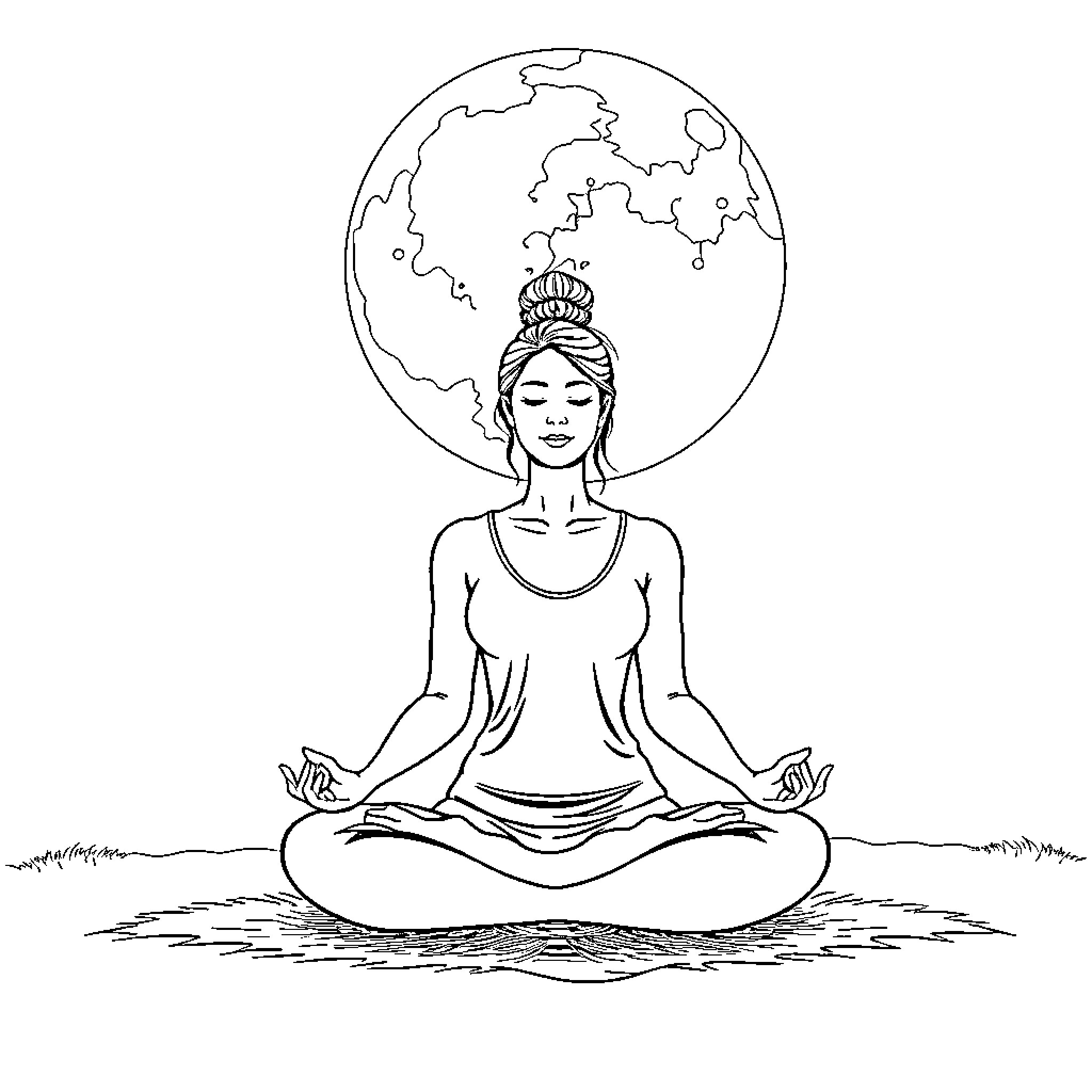 Woman in Meditative Pose with Globe Coloring Page (free black-and-white line drawing printable PDF for all, from beginners to advanced learners, including children, teens, adults, and seniors)
