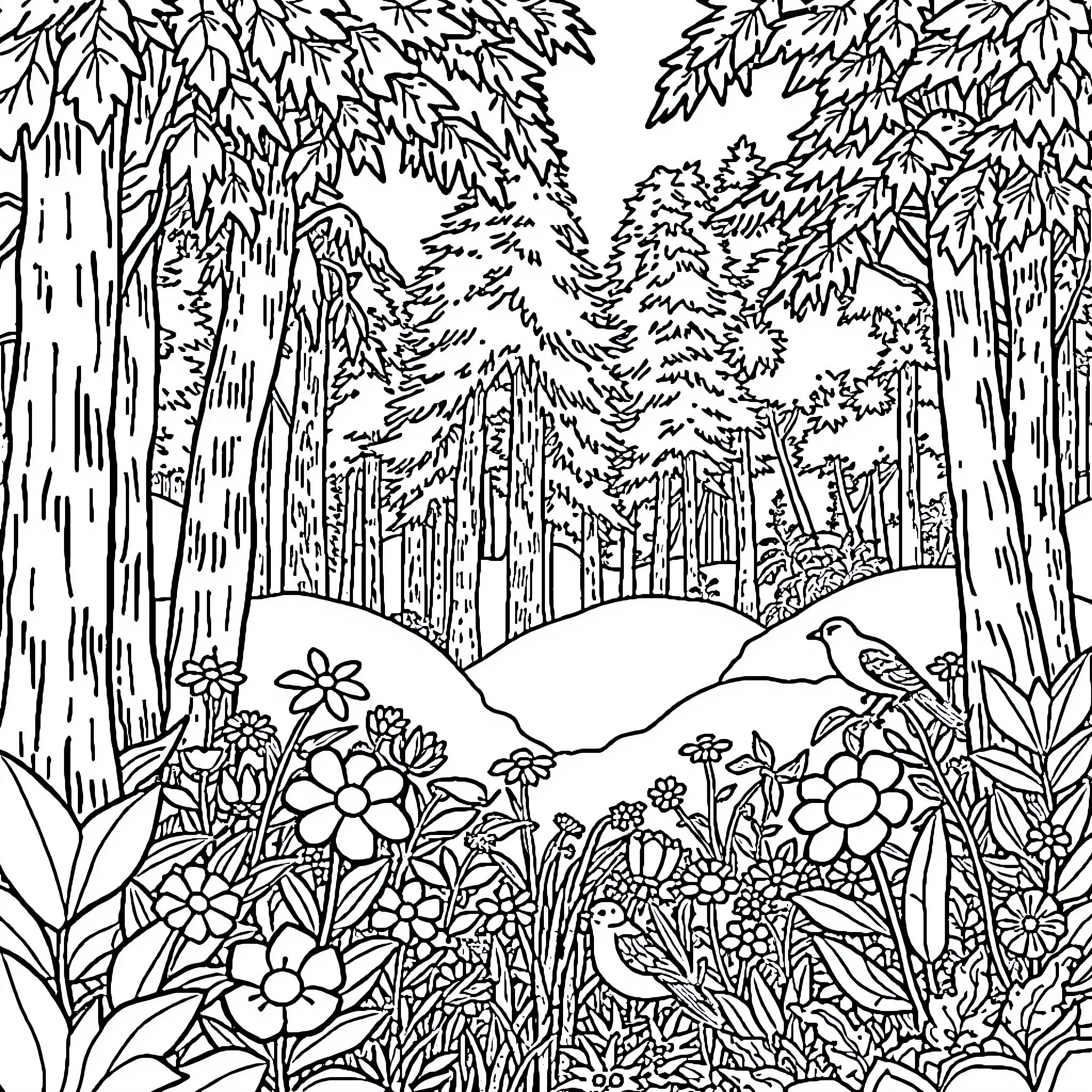 Nature's Tranquil Woodland Wonderland Coloring Page (free black-and-white line drawing printable PDF for all, from beginners to advanced learners, including children, teens, adults, and seniors)