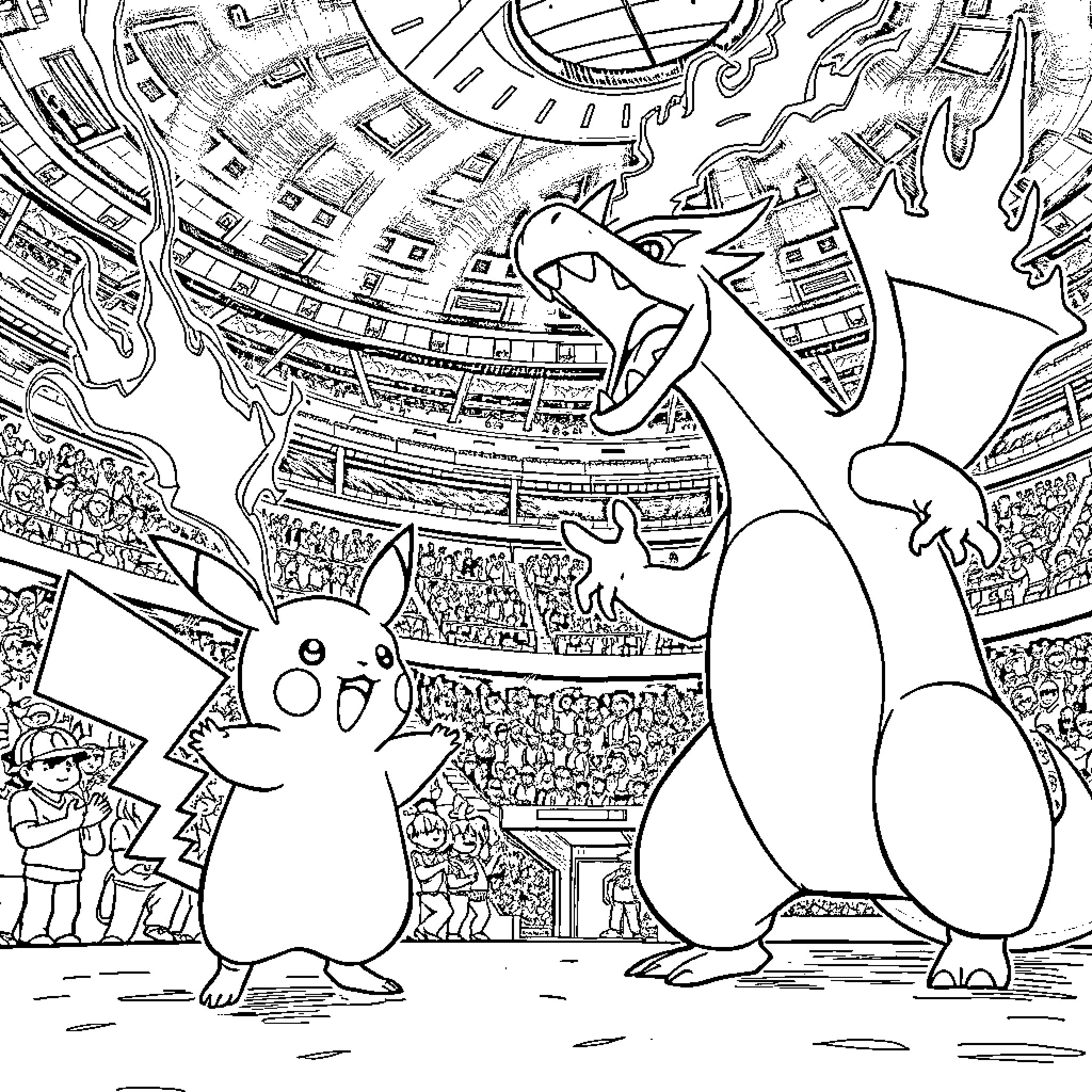 Pikachu and Pokémon Friends in Lively Stadium Coloring Page (free black-and-white line drawing printable PDF for all, from beginners to advanced learners, including children, teens, adults, and seniors)