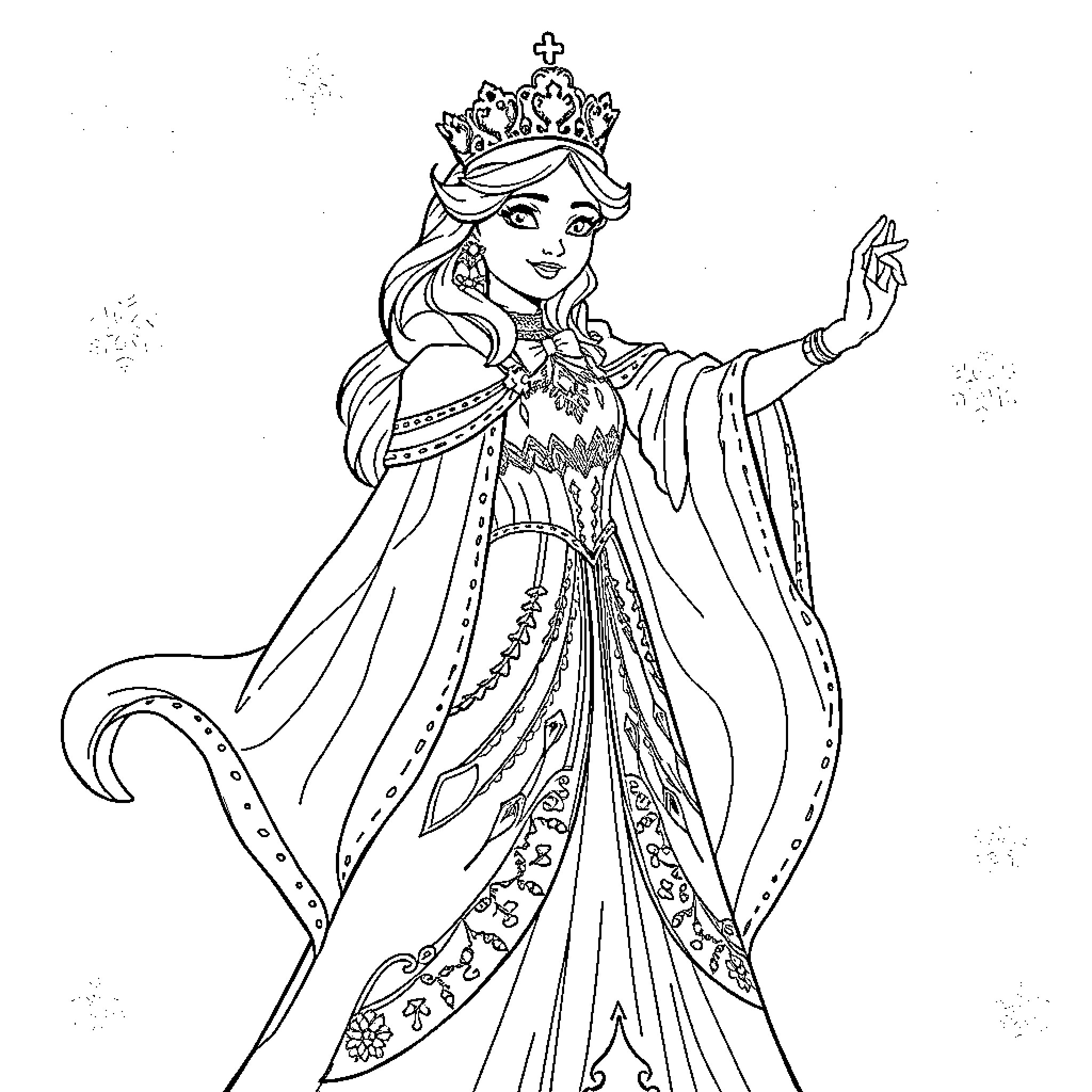 Snow Queen in Elegant Regal Attire Coloring Page (free black-and-white line drawing printable PDF for all, from beginners to advanced learners, including children, teens, adults, and seniors)