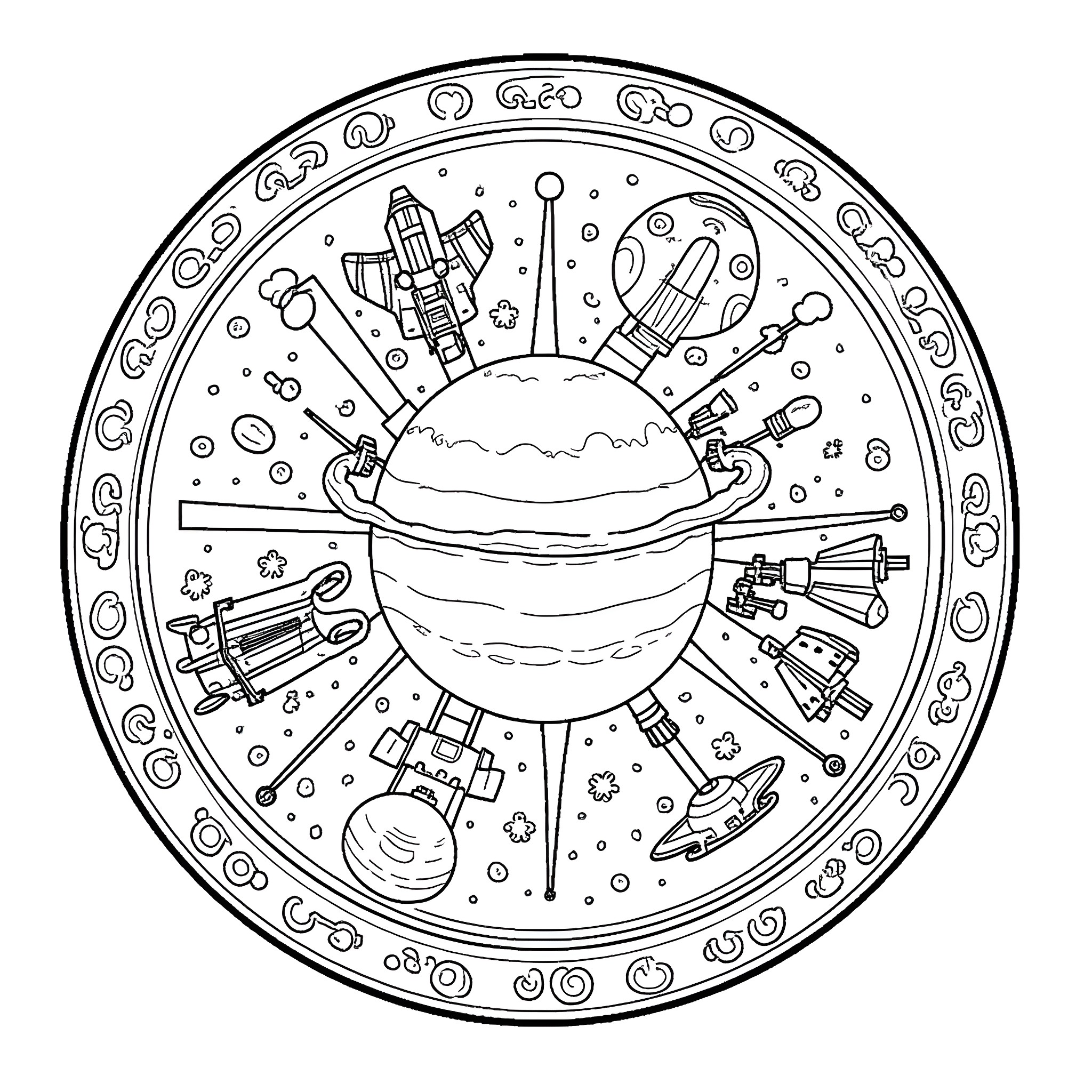 Star Wars Cosmic Spacecraft Lineup Coloring Page (free black-and-white line drawing printable PDF for all, from beginners to advanced learners, including children, teens, adults, and seniors)