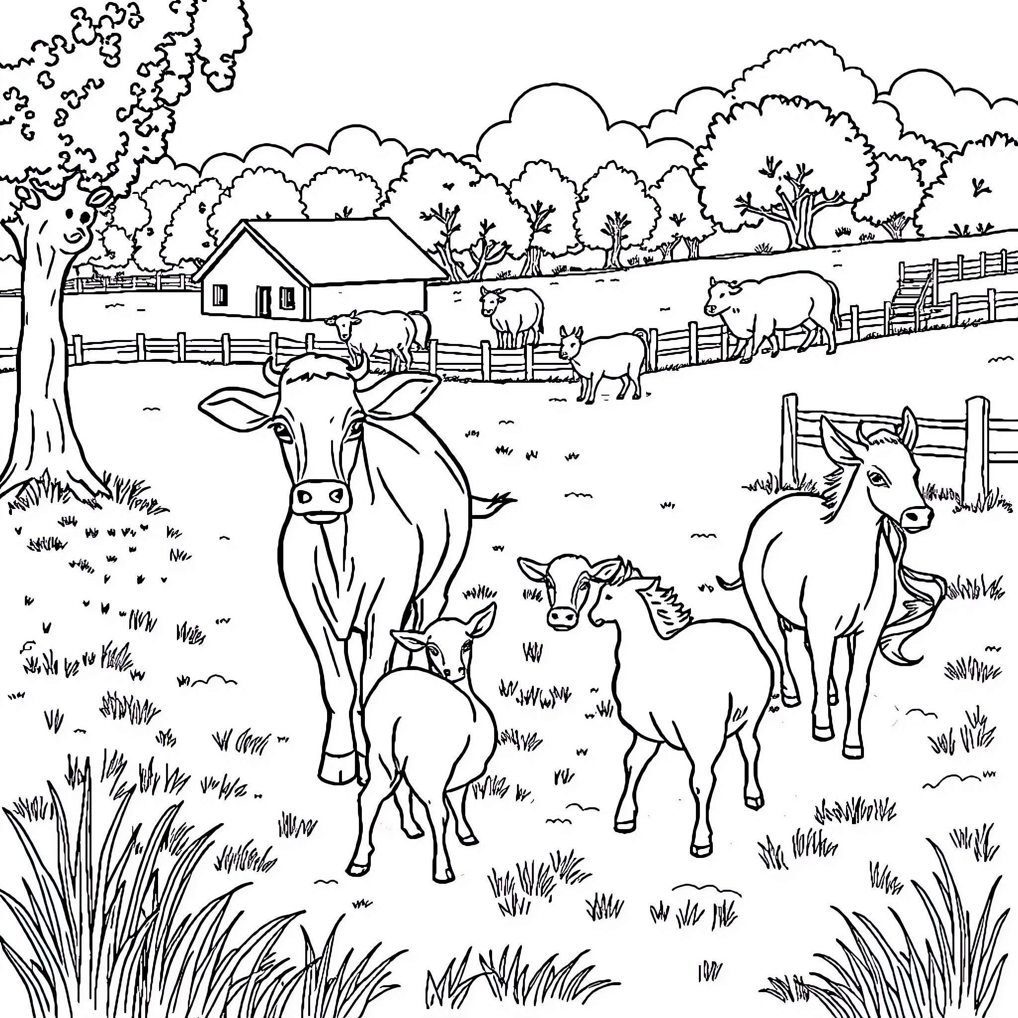 Farm Animal Pasture with Grazing Livestock Coloring Page (free black-and-white line drawing printable PDF for all, from beginners to advanced learners, including children, teens, adults, and seniors)