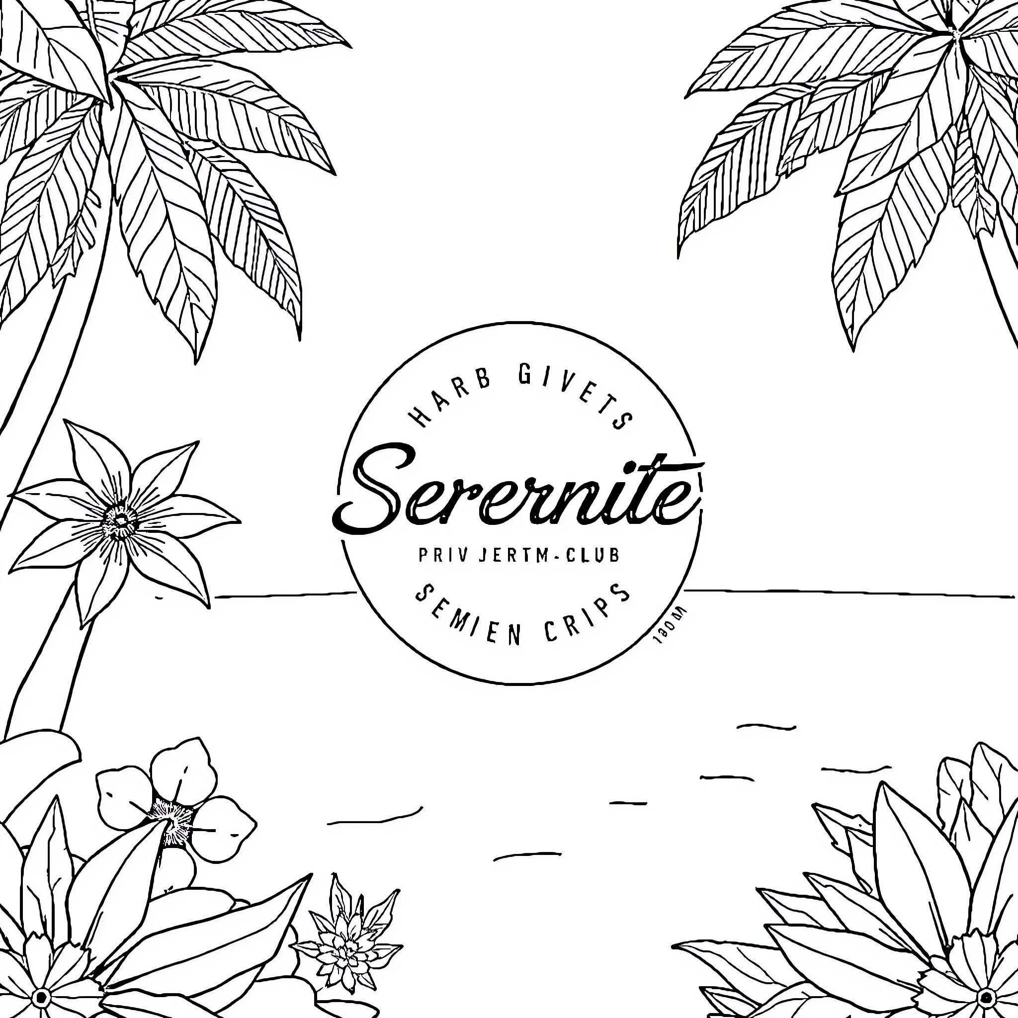 Logo for 'Serenite' with palm leaves and flowers Coloring Page (free black-and-white line drawing printable PDF for all, from beginners to advanced learners, including children, teens, adults, and seniors)