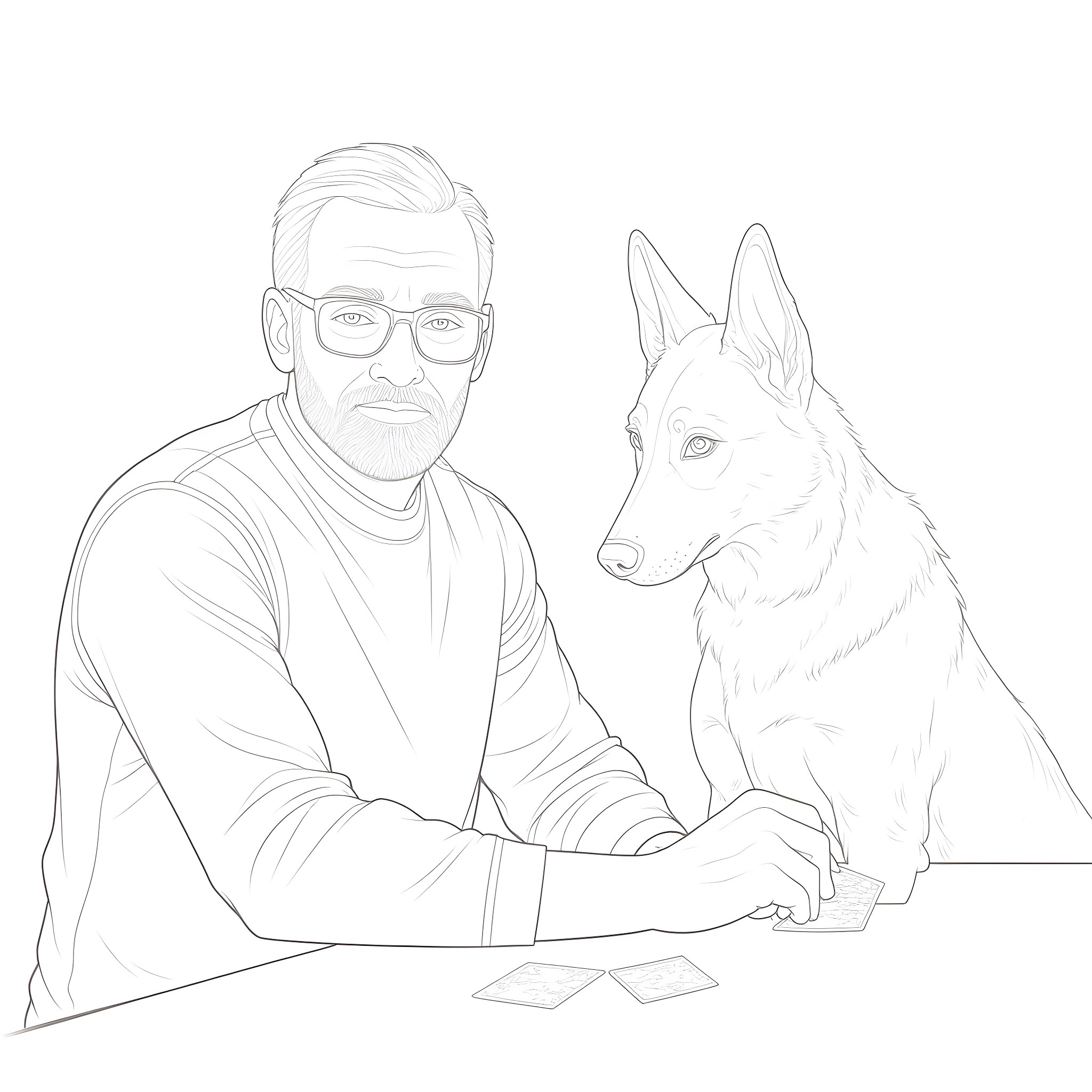 Guy and his loyal dog working together Coloring Page (free black-and-white line drawing printable PDF for all, from beginners to advanced learners, including children, teens, adults, and seniors)