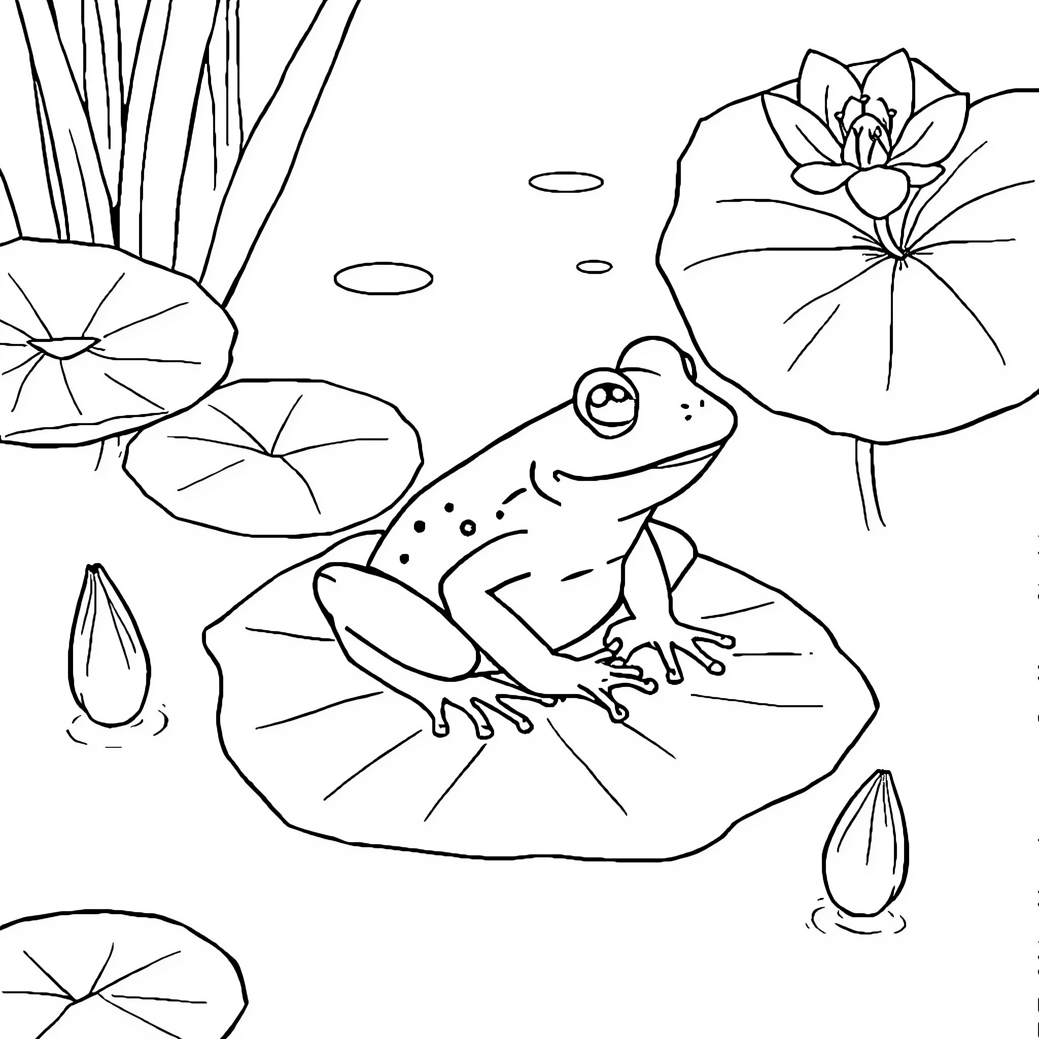 Frog resting on lily pads in serene pond Coloring Page (free black-and-white line drawing printable PDF for all, from beginners to advanced learners, including children, teens, adults, and seniors)