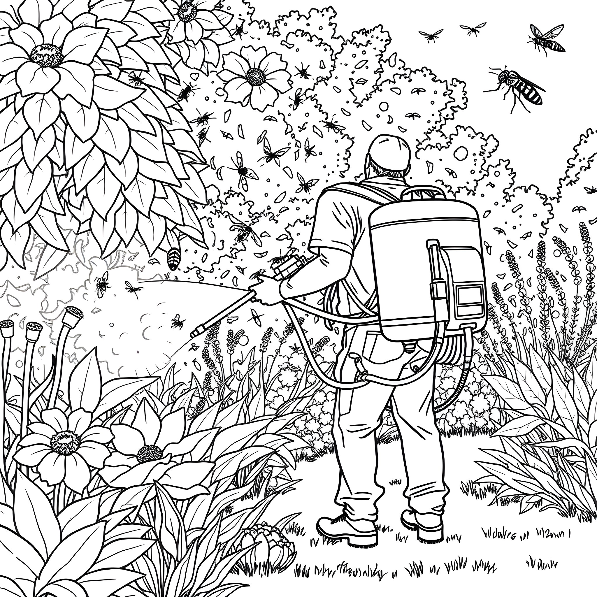 Technician exploring the lush floral landscape Coloring Page (free black-and-white line drawing printable PDF for all, from beginners to advanced learners, including children, teens, adults, and seniors)