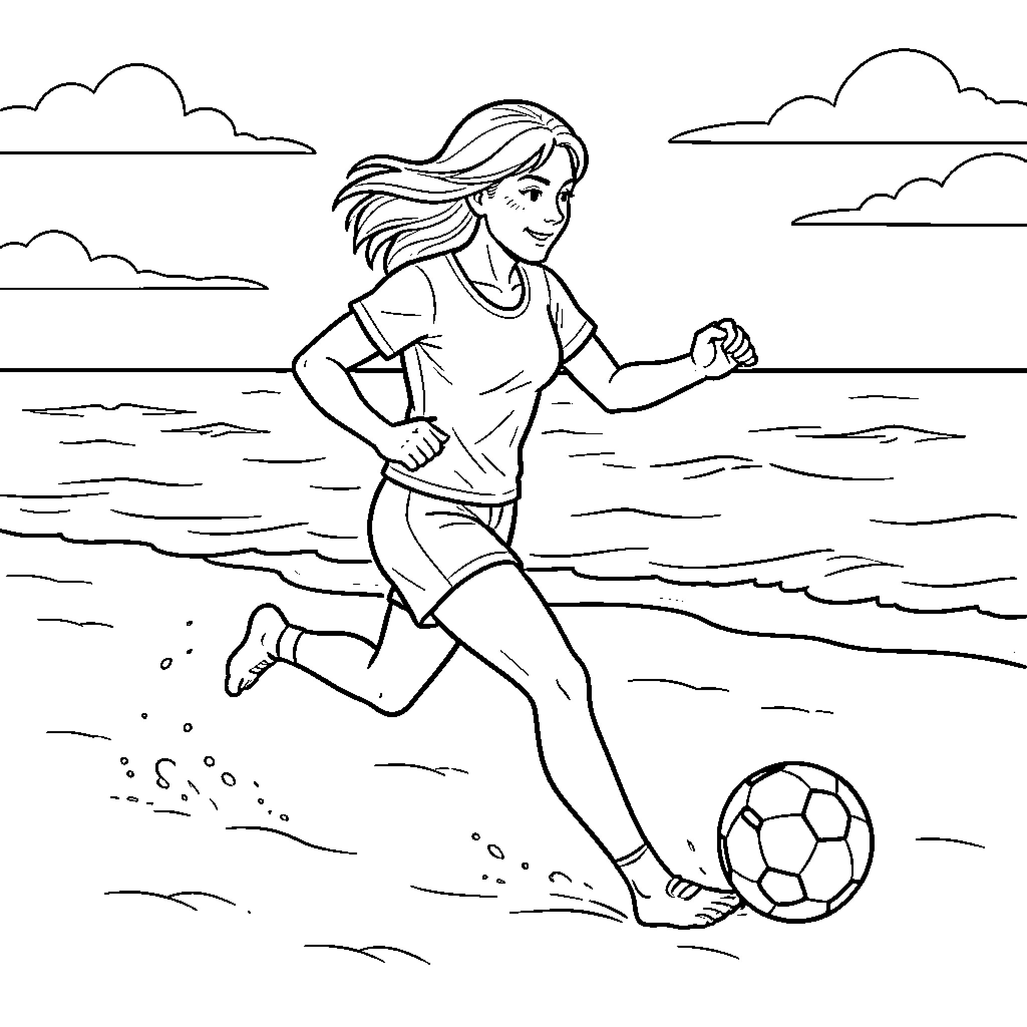 Mother playing soccer on the beach Coloring Page (free black-and-white line drawing printable PDF for all, from beginners to advanced learners, including children, teens, adults, and seniors)