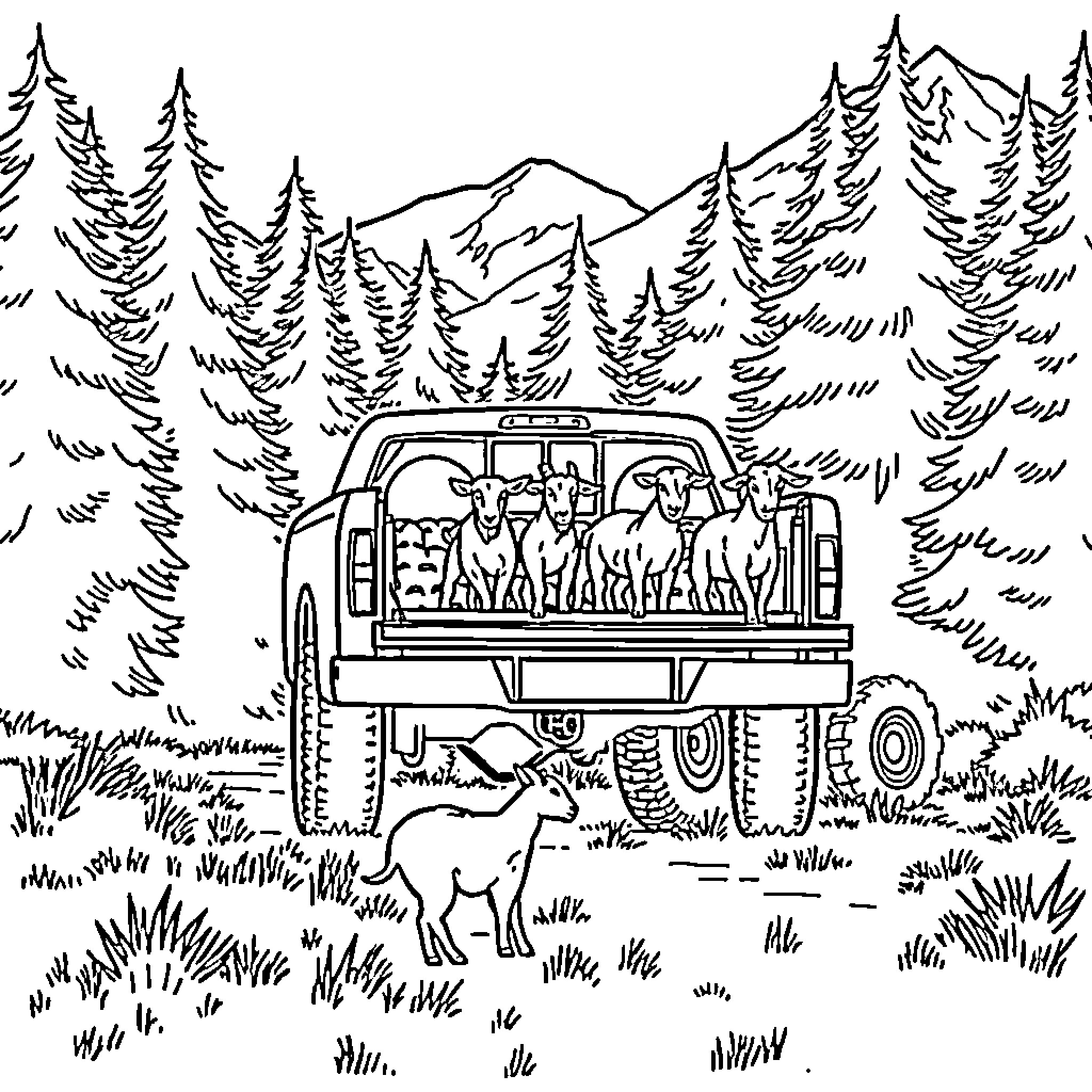 Truck transporting a group of animals through nature Coloring Page (free black-and-white line drawing printable PDF for all, from beginners to advanced learners, including children, teens, adults, and seniors)
