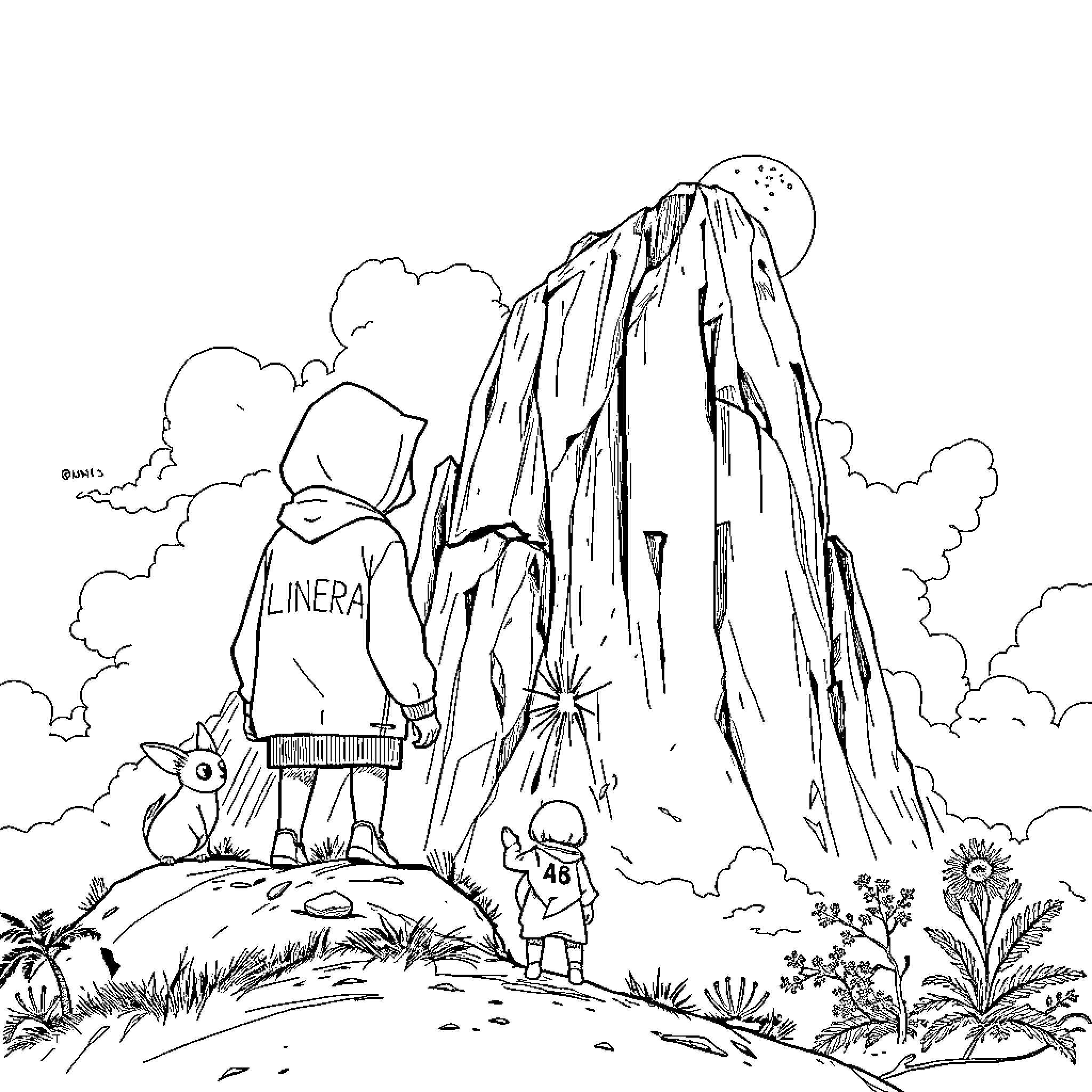 Bear exploring mysterious mountain landscape Coloring Page (free black-and-white line drawing printable PDF for all, from beginners to advanced learners, including children, teens, adults, and seniors)