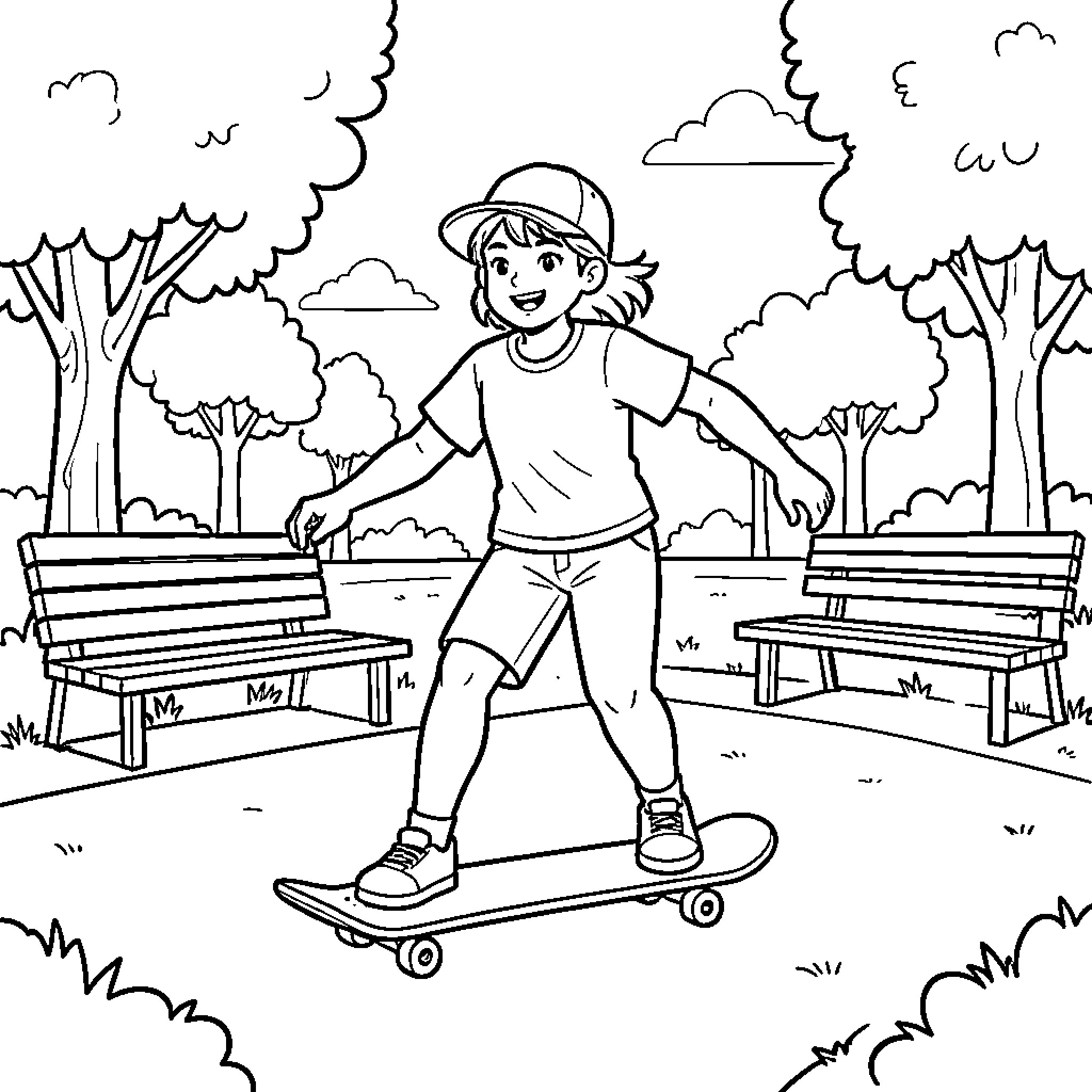Skater riding a skateboard in a sunny park Coloring Page (free black-and-white line drawing printable PDF for all, from beginners to advanced learners, including children, teens, adults, and seniors)