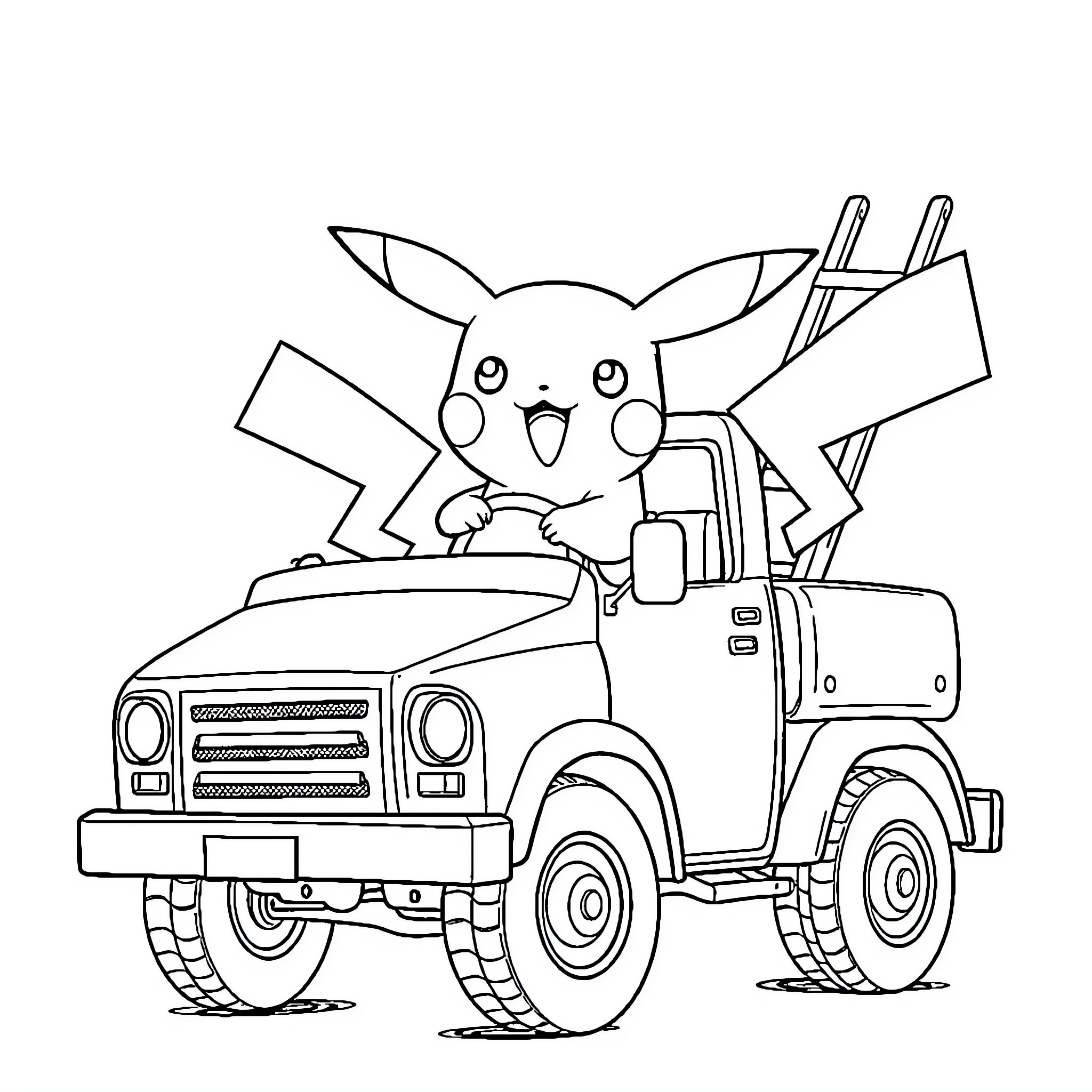 Pikachu driving a utility truck Coloring Page (free black-and-white line drawing printable PDF for all, from beginners to advanced learners, including children, teens, adults, and seniors)