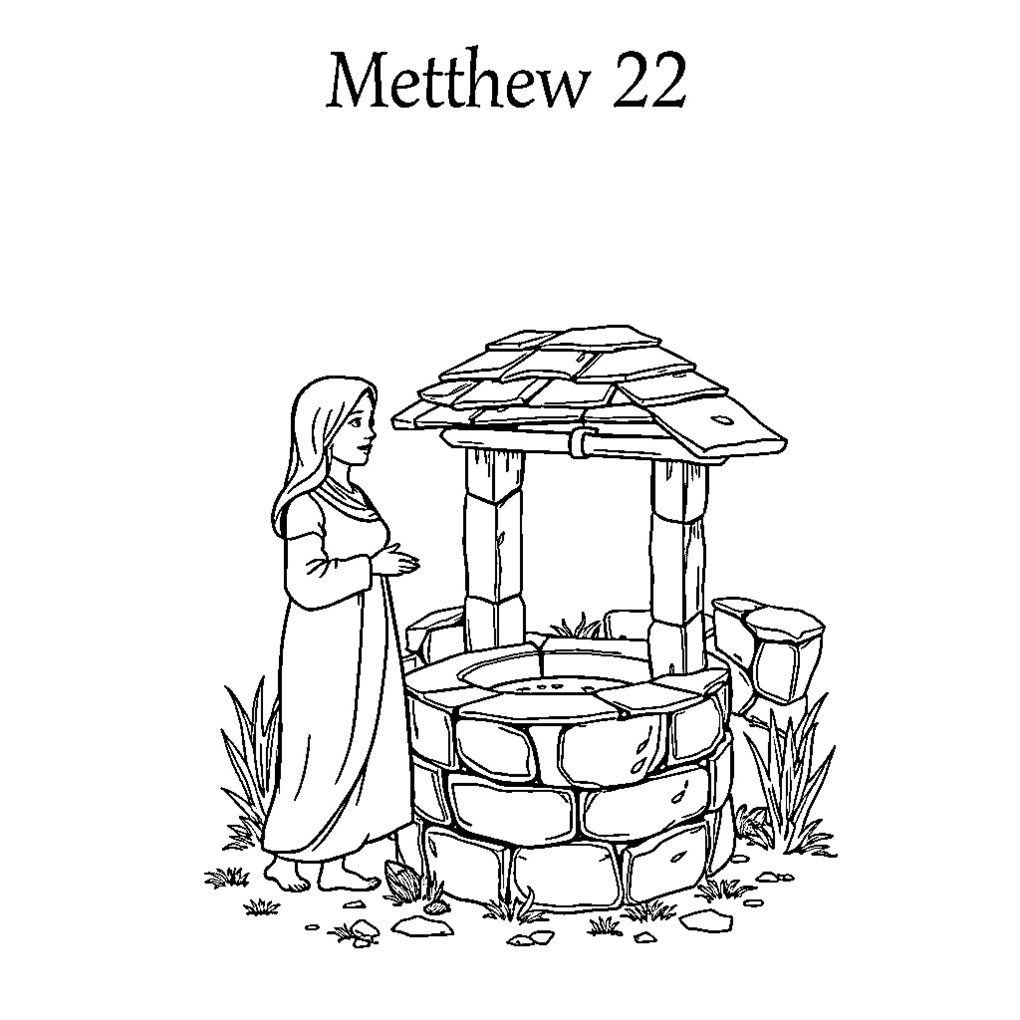 Woman praying at a stone well in a garden Coloring Page (free black-and-white line drawing printable PDF for all, from beginners to advanced learners, including children, teens, adults, and seniors)