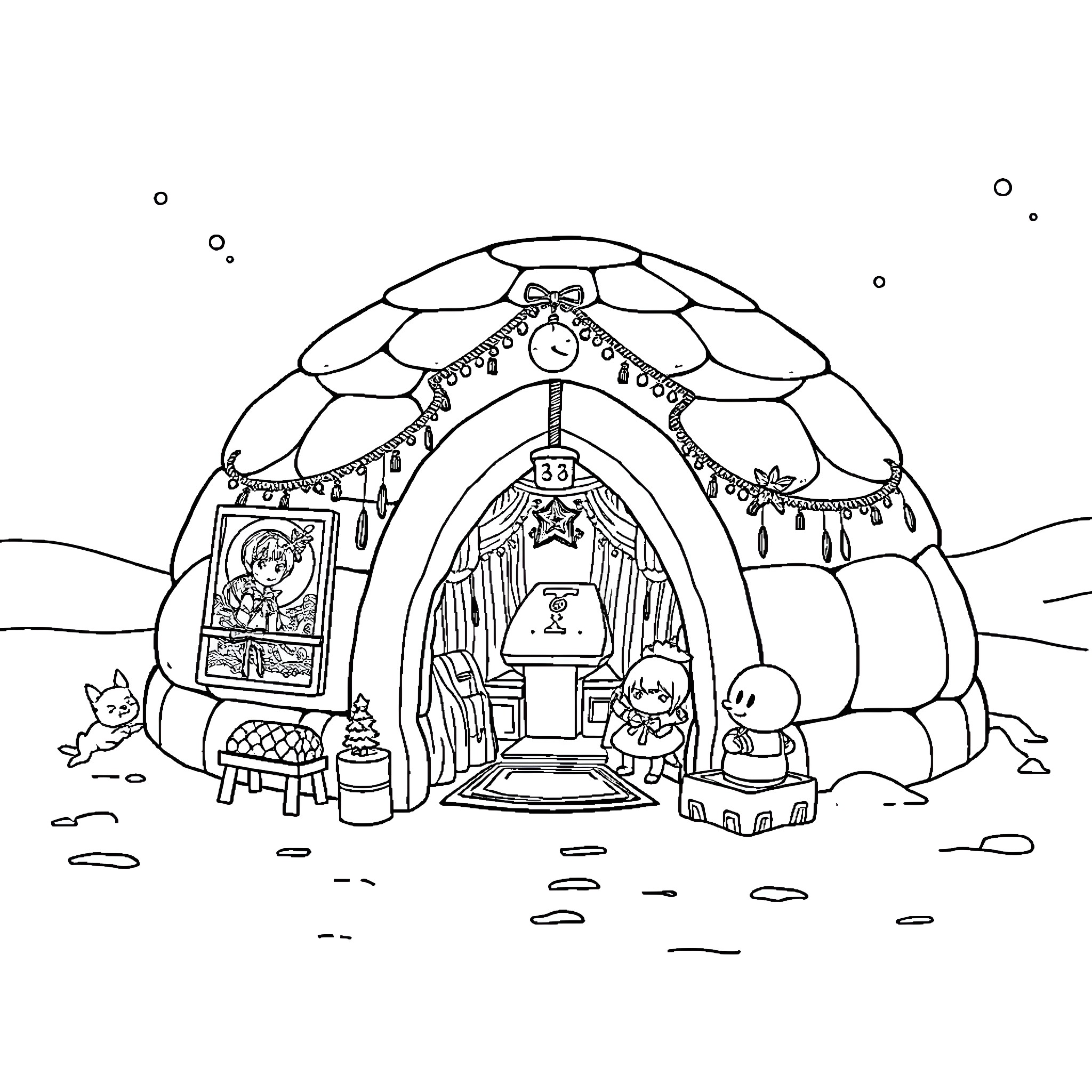 Igloo with cozy interior and festive decorations Coloring Page (free black-and-white line drawing printable PDF for all, from beginners to advanced learners, including children, teens, adults, and seniors)