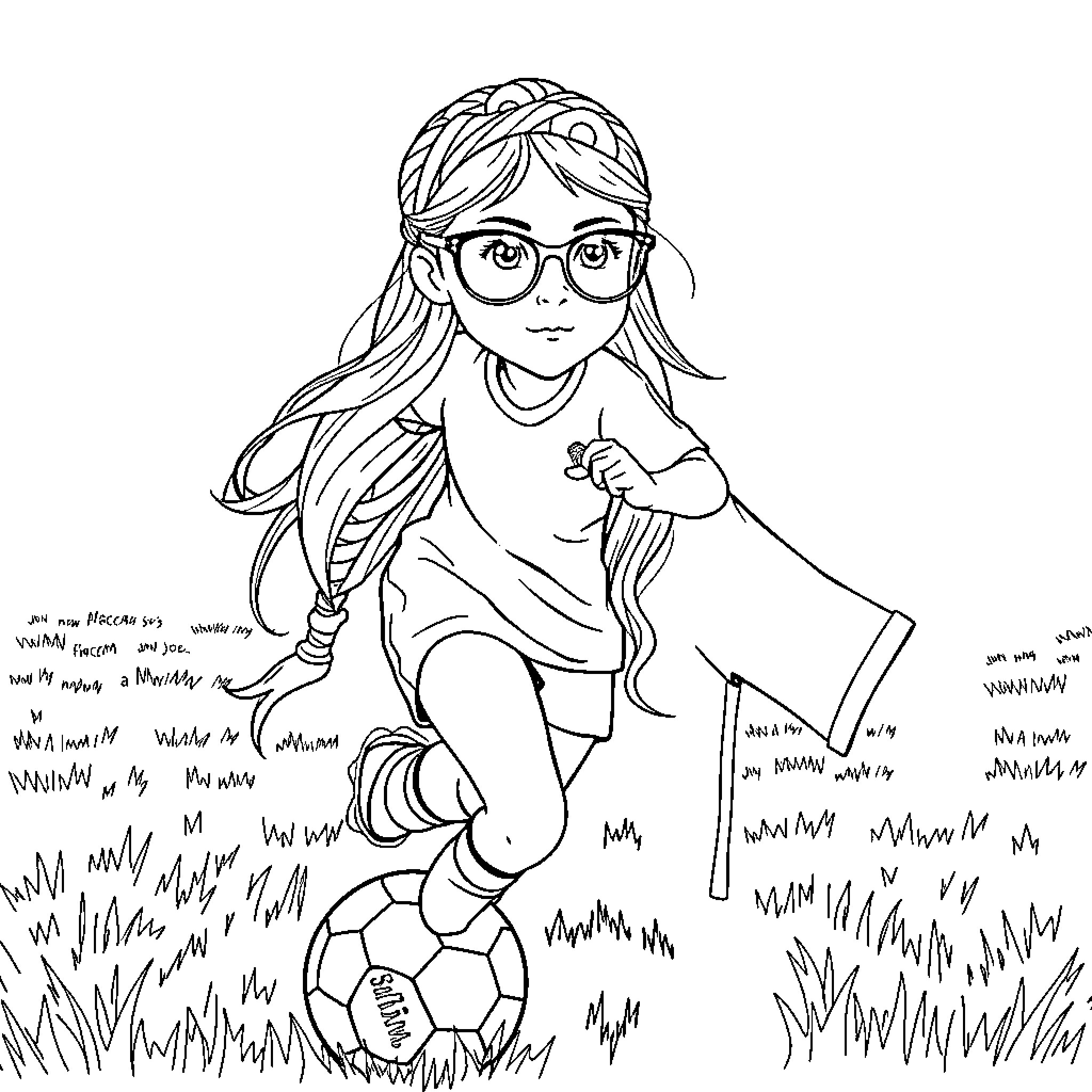 Footballeuse playing happily with soccer ball in field Coloring Page (free black-and-white line drawing printable PDF for all, from beginners to advanced learners, including children, teens, adults, and seniors)