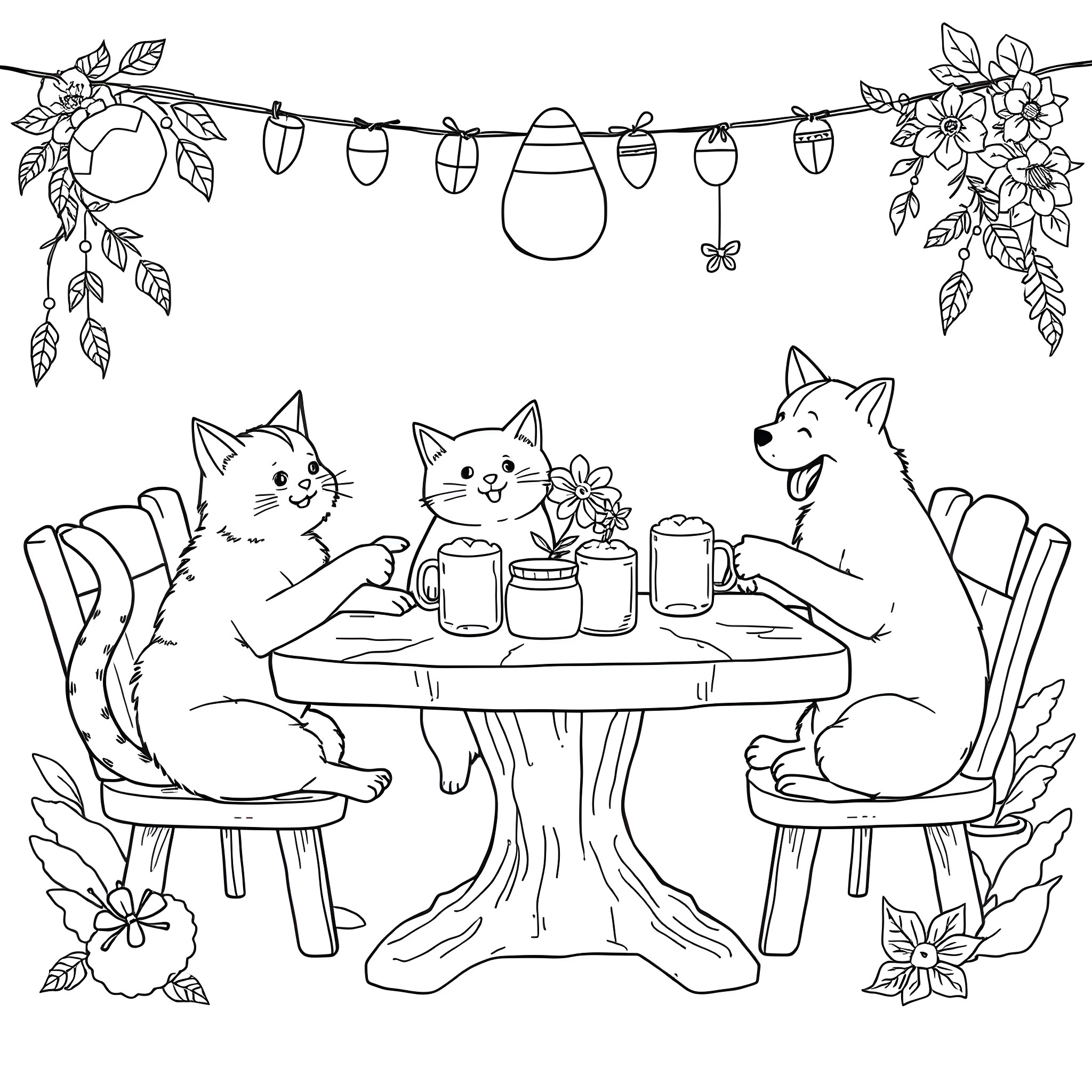 Cat and Dog Enjoying Tea Party in Floral Garden Coloring Page (free black-and-white line drawing printable PDF for all, from beginners to advanced learners, including children, teens, adults, and seniors)