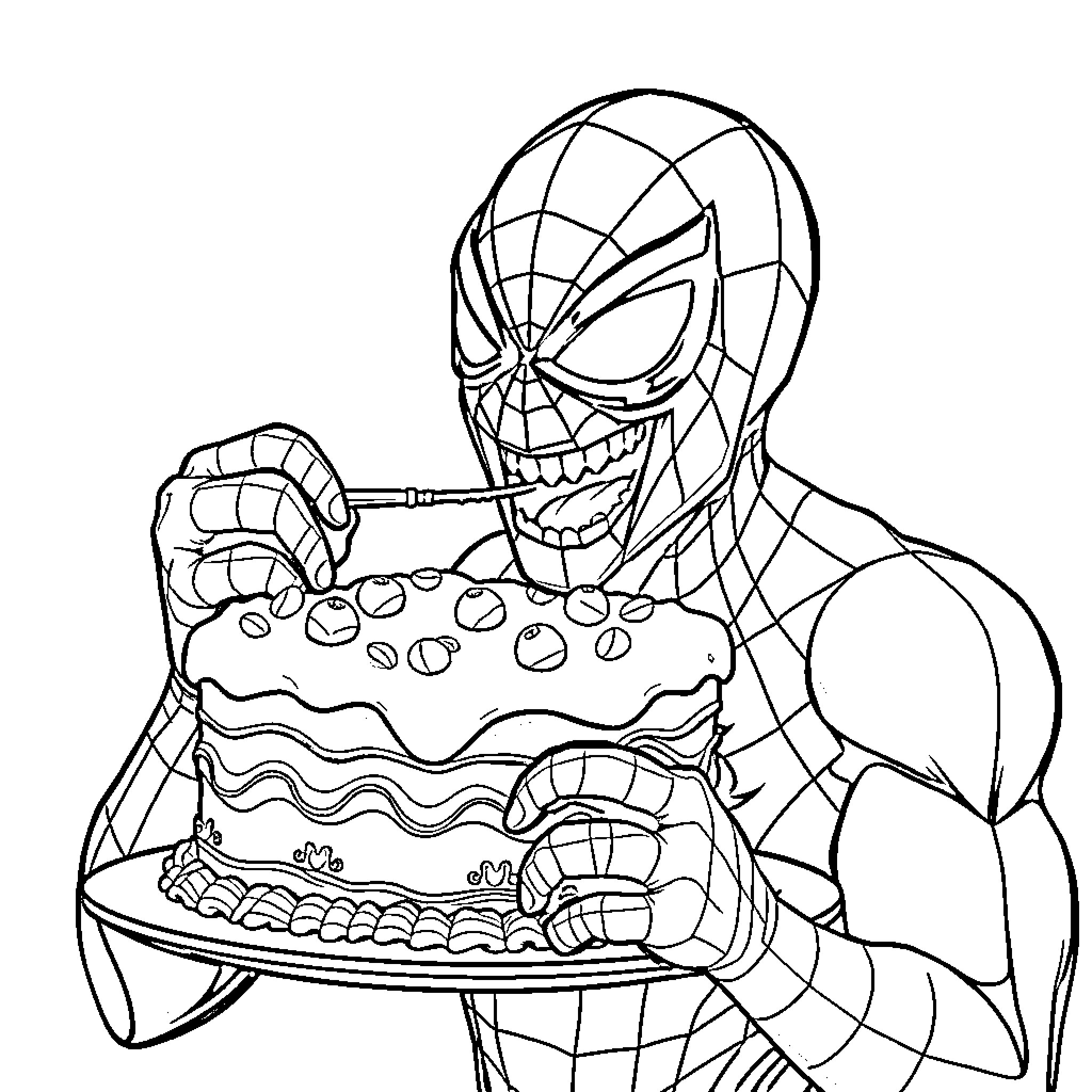 Spiderman holding a birthday cake Coloring Page (free black-and-white line drawing printable PDF for all, from beginners to advanced learners, including children, teens, adults, and seniors)