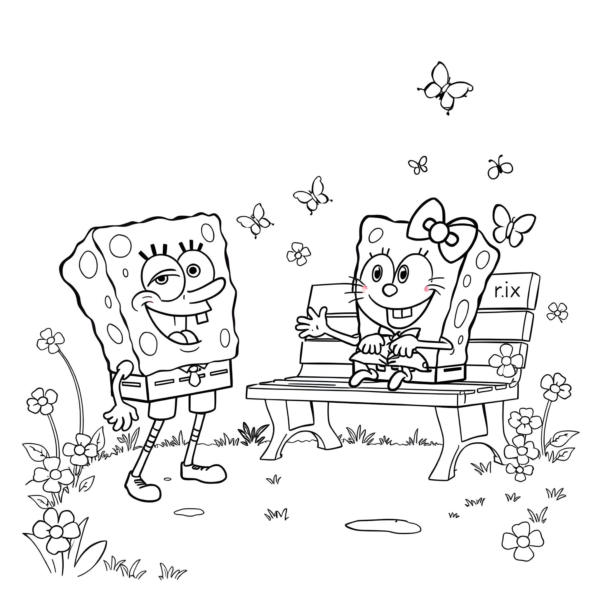 Spongebob and Patrick playing in the park Coloring Page (free black-and-white line drawing printable PDF for all, from beginners to advanced learners, including children, teens, adults, and seniors)