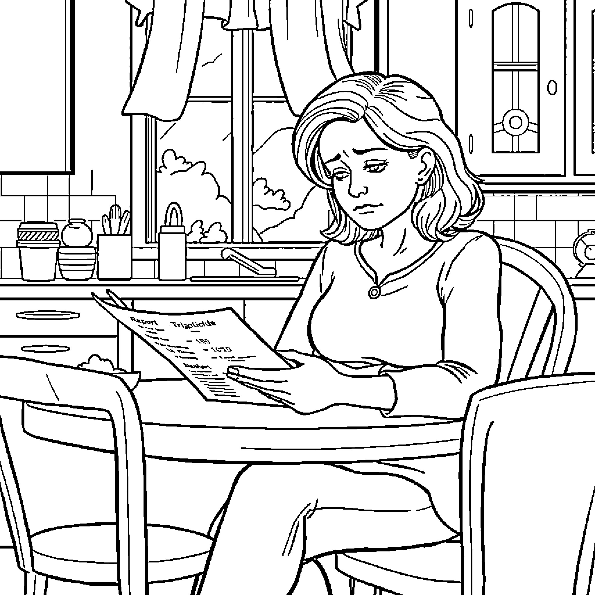 Woman reading newspaper intently at kitchen table Coloring Page (free black-and-white line drawing printable PDF for all, from beginners to advanced learners, including children, teens, adults, and seniors)