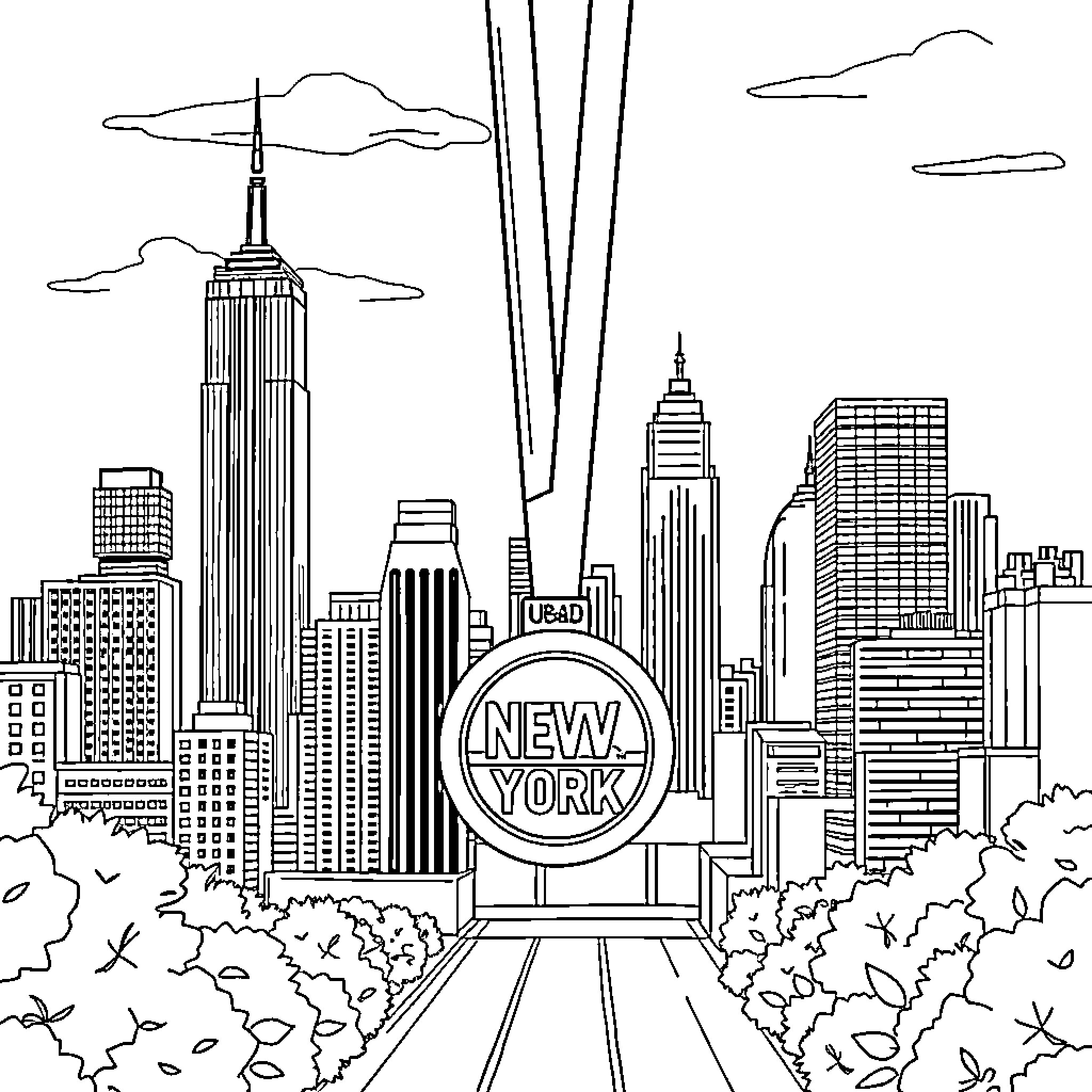 New York City skyline with iconic buildings and landmarks Coloring Page (free black-and-white line drawing printable PDF for all, from beginners to advanced learners, including children, teens, adults, and seniors)