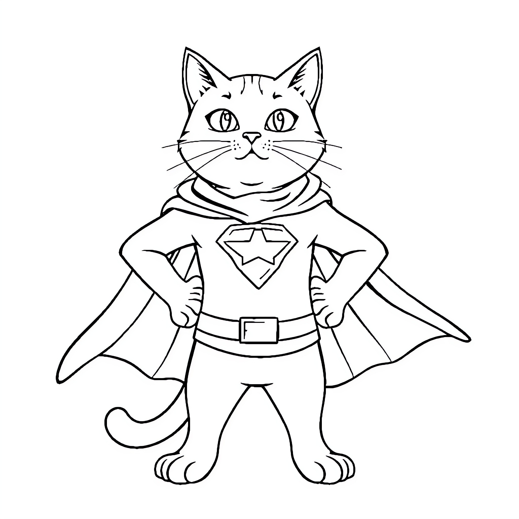Cat Superhero in Costume Coloring Page (free black-and-white line drawing printable PDF for all, from beginners to advanced learners, including children, teens, adults, and seniors)