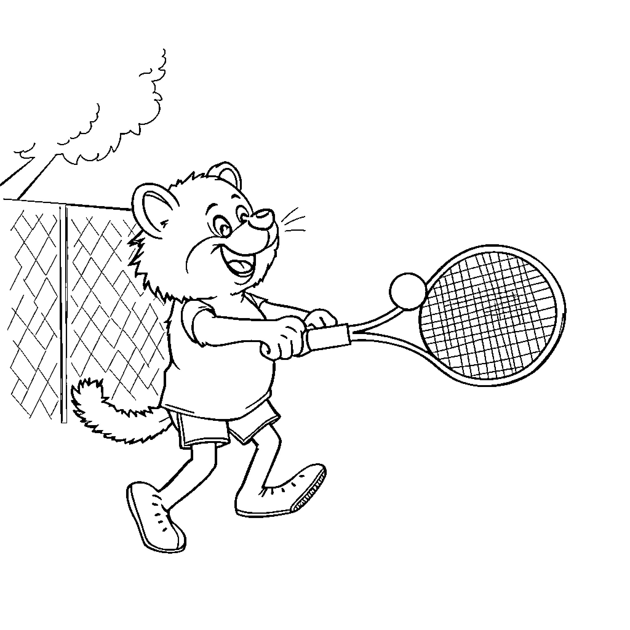 Bear playing tennis with enthusiasm Coloring Page (free black-and-white line drawing printable PDF for all, from beginners to advanced learners, including children, teens, adults, and seniors)