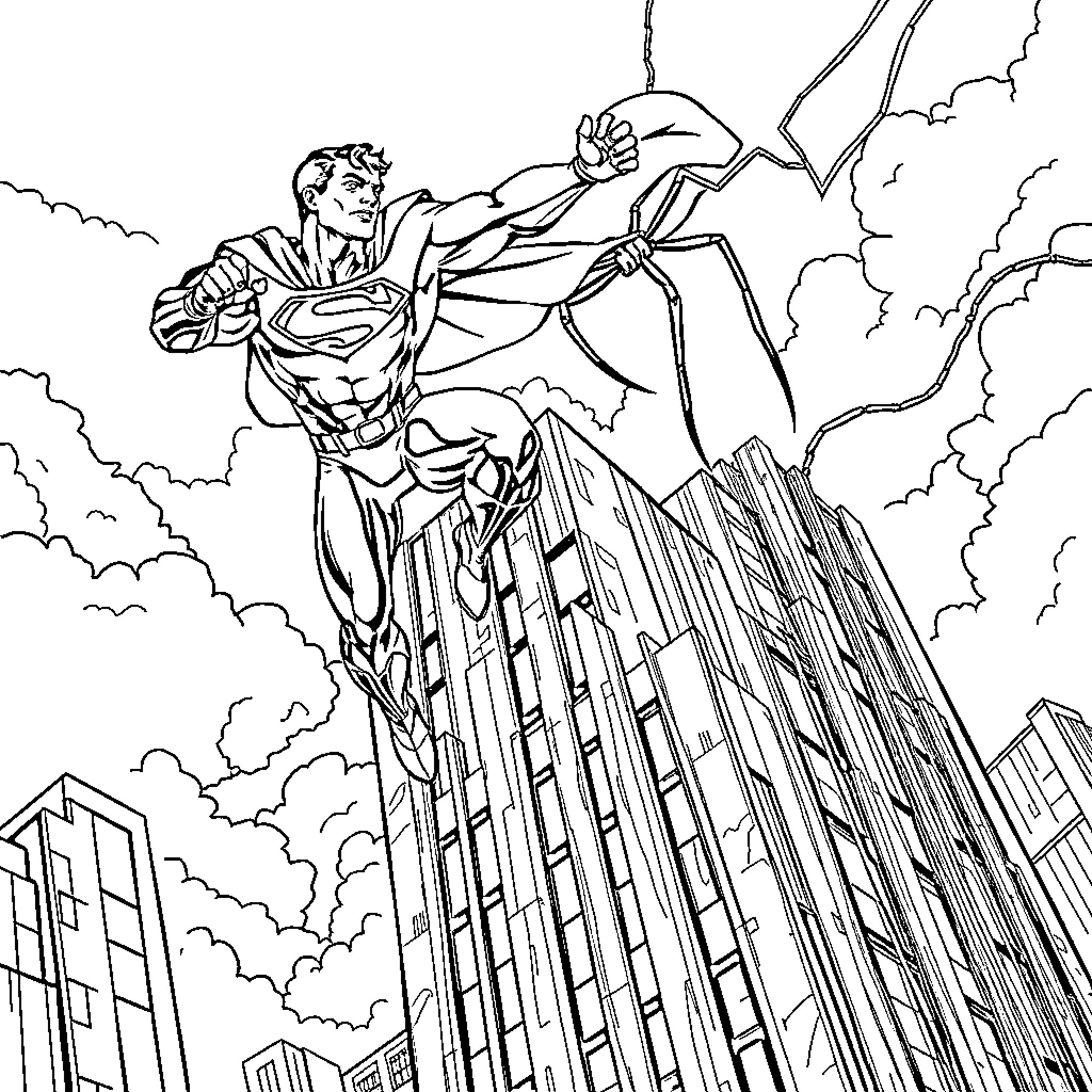 Superman soaring heroically over skyscrapers Coloring Page (free black-and-white line drawing printable PDF for all, from beginners to advanced learners, including children, teens, adults, and seniors)