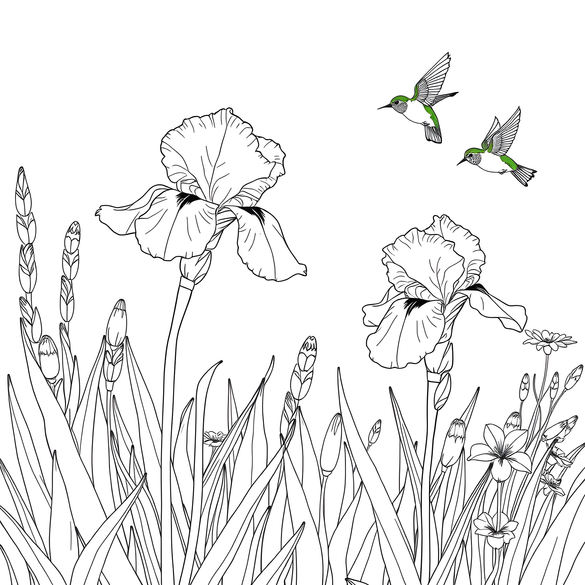 Iris blossoms with hummingbirds in a field Coloring Page (free black-and-white line drawing printable PDF for all, from beginners to advanced learners, including children, teens, adults, and seniors)