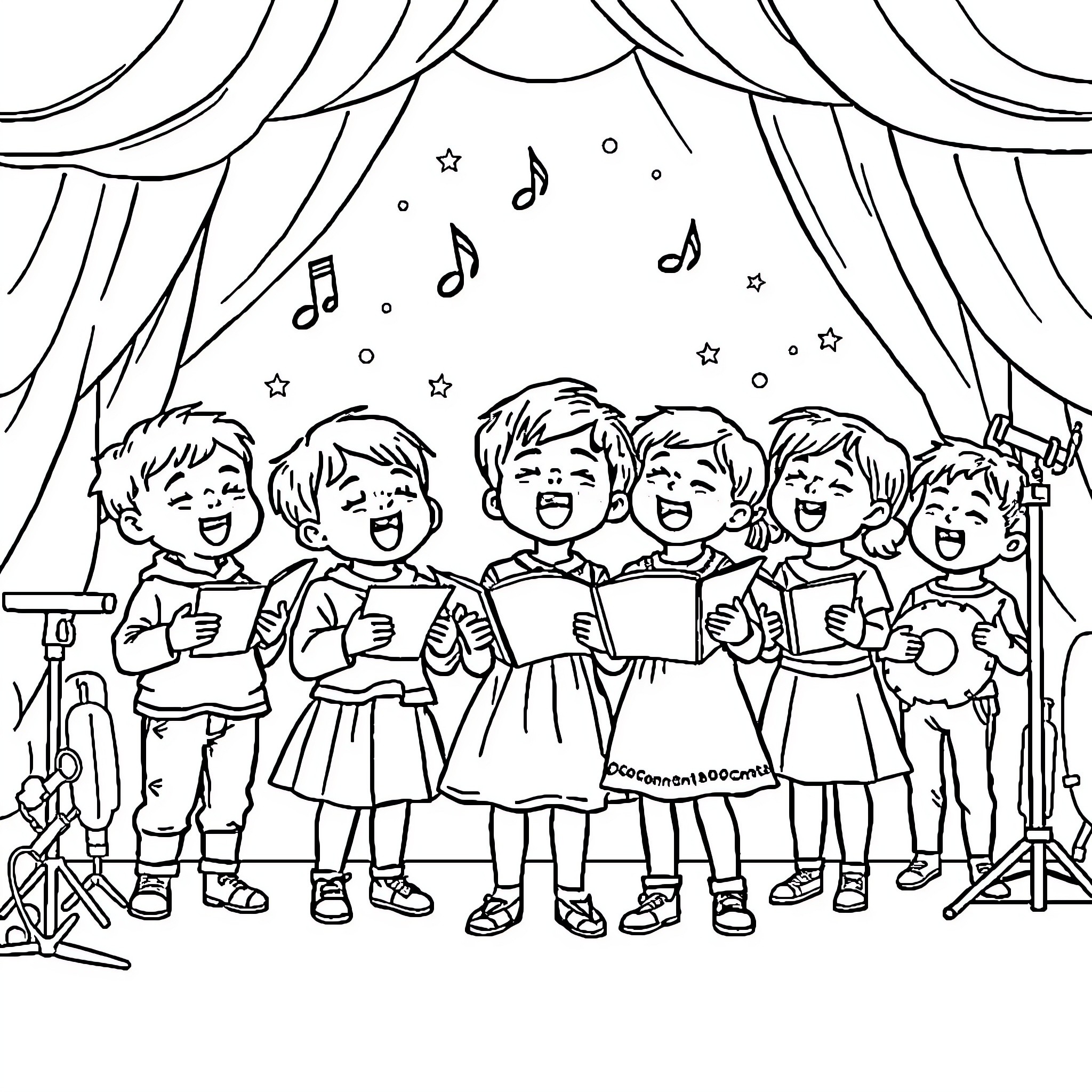 Child Choir Performing on Stage Coloring Page (free black-and-white line drawing printable PDF for all, from beginners to advanced learners, including children, teens, adults, and seniors)