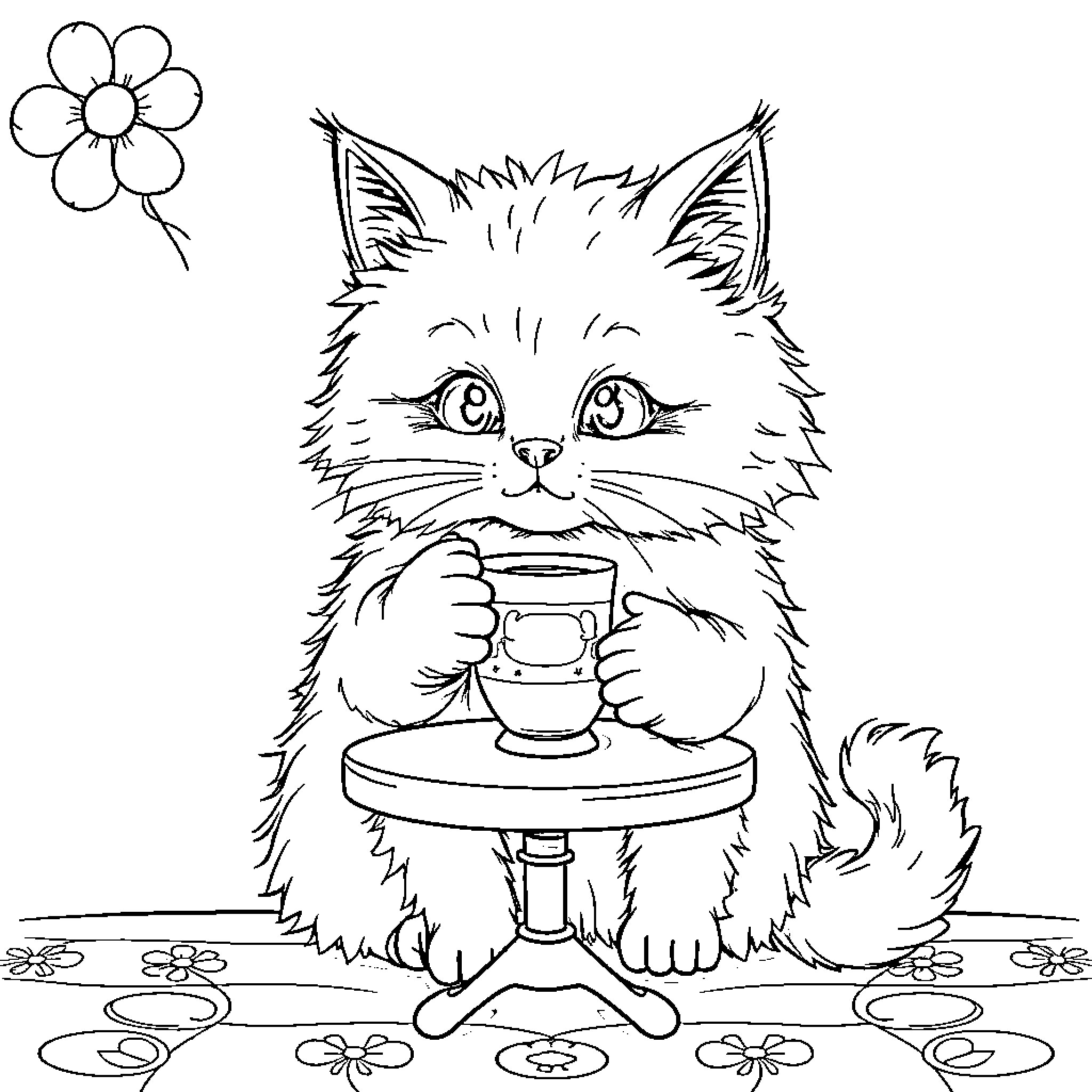 Cat enjoying a cozy cup of tea Coloring Page (free black-and-white line drawing printable PDF for all, from beginners to advanced learners, including children, teens, adults, and seniors)
