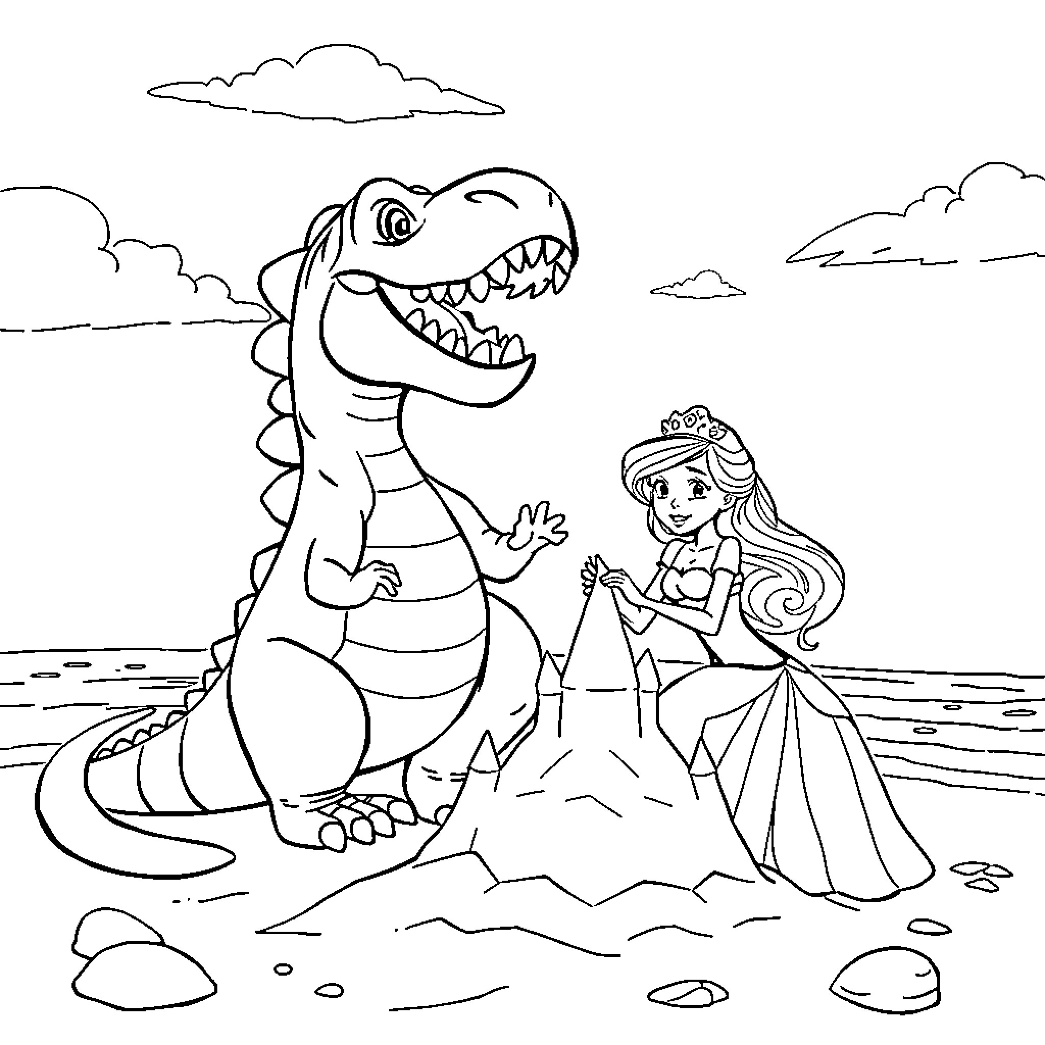 Depredador y la princesa en la playa Coloring Page (free black-and-white line drawing printable PDF for all, from beginners to advanced learners, including children, teens, adults, and seniors)