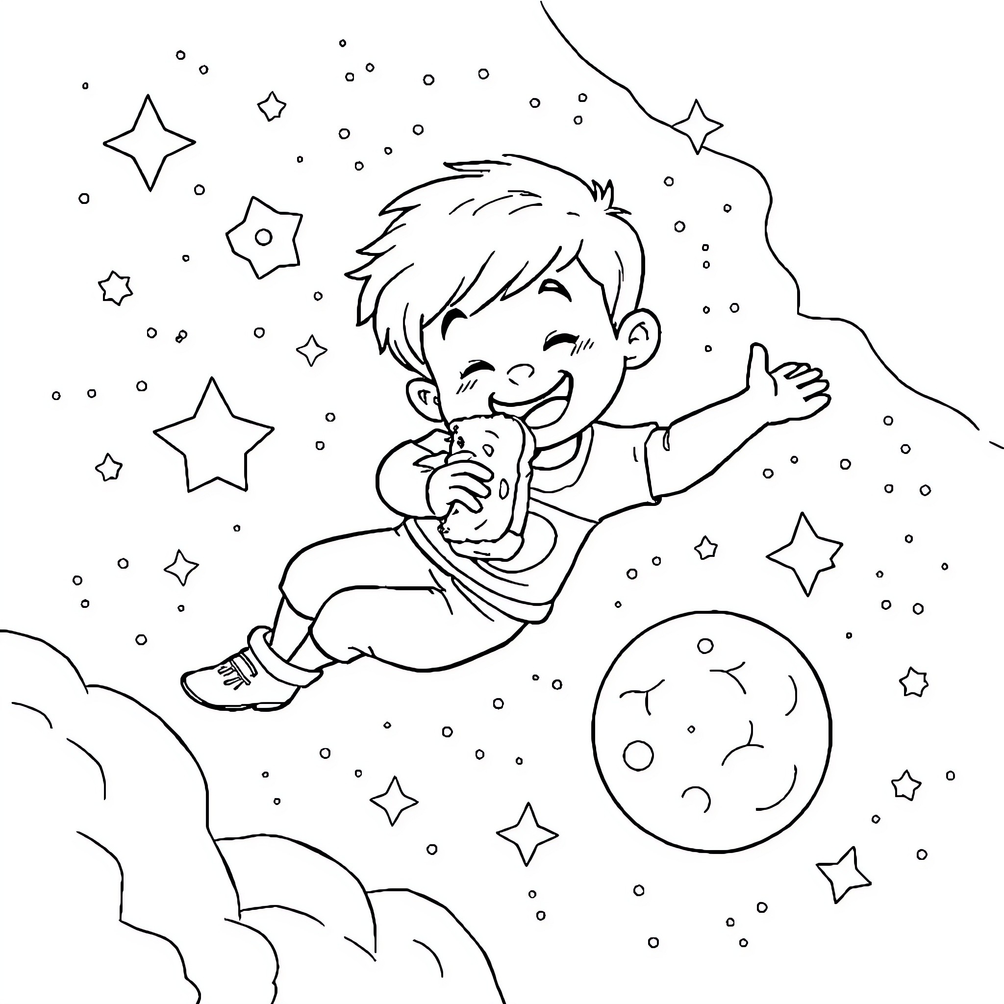 Boy exploring the starry night sky Coloring Page (free black-and-white line drawing printable PDF for all, from beginners to advanced learners, including children, teens, adults, and seniors)