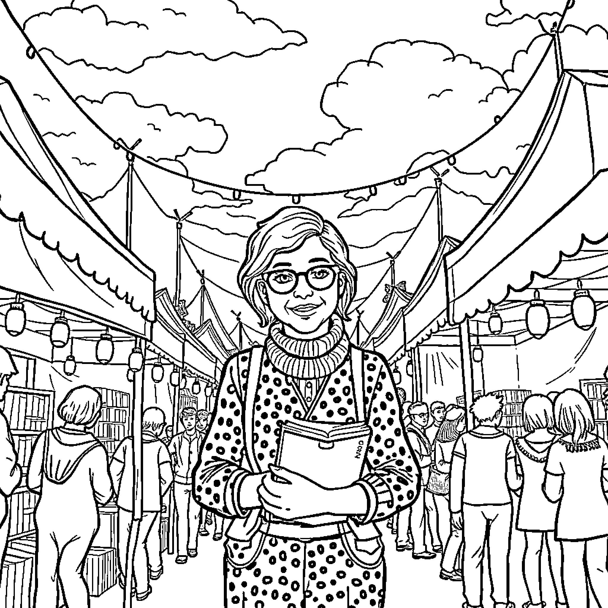 Librarian at a lively outdoor festival Coloring Page (free black-and-white line drawing printable PDF for all, from beginners to advanced learners, including children, teens, adults, and seniors)