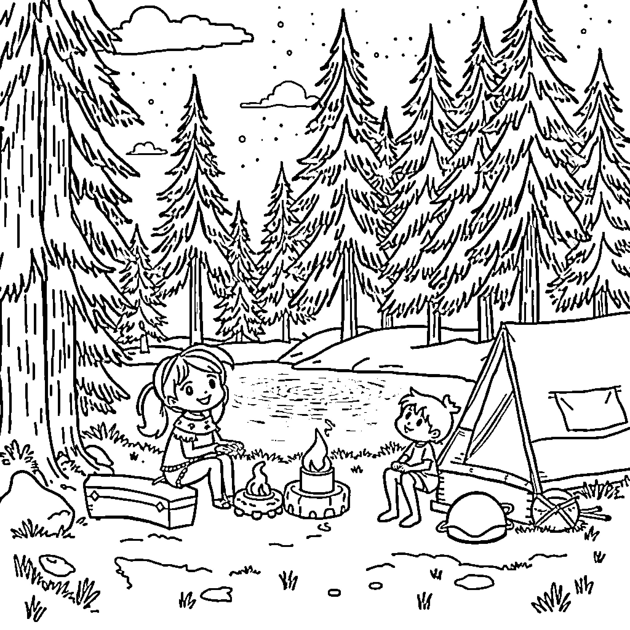 Bluey's Outdoor Adventure in the Snowy Forest Coloring Page (free black-and-white line drawing printable PDF for all, from beginners to advanced learners, including children, teens, adults, and seniors)