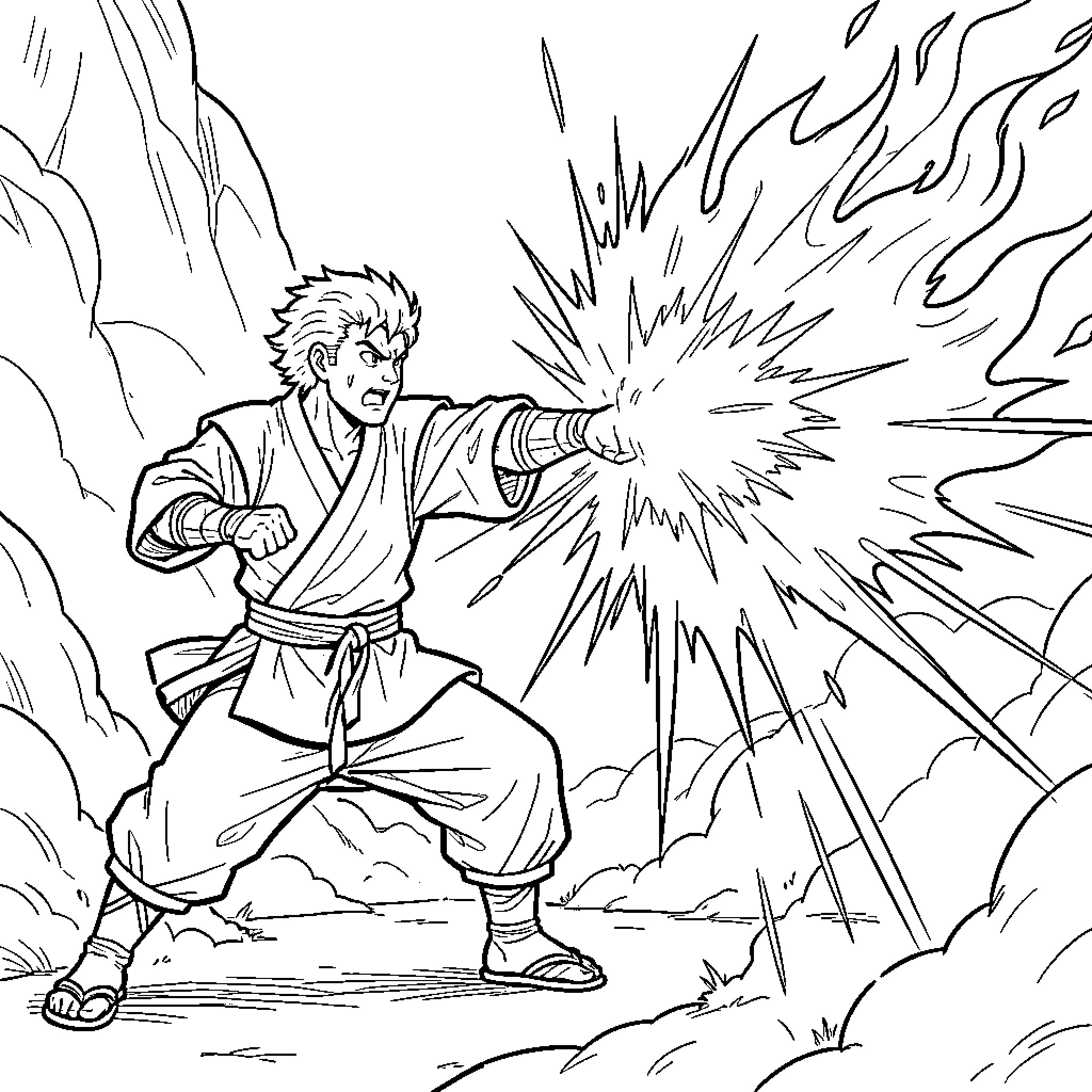 Sangoku unleashing a powerful energy blast with a punch Coloring Page (free black-and-white line drawing printable PDF for all, from beginners to advanced learners, including children, teens, adults, and seniors)