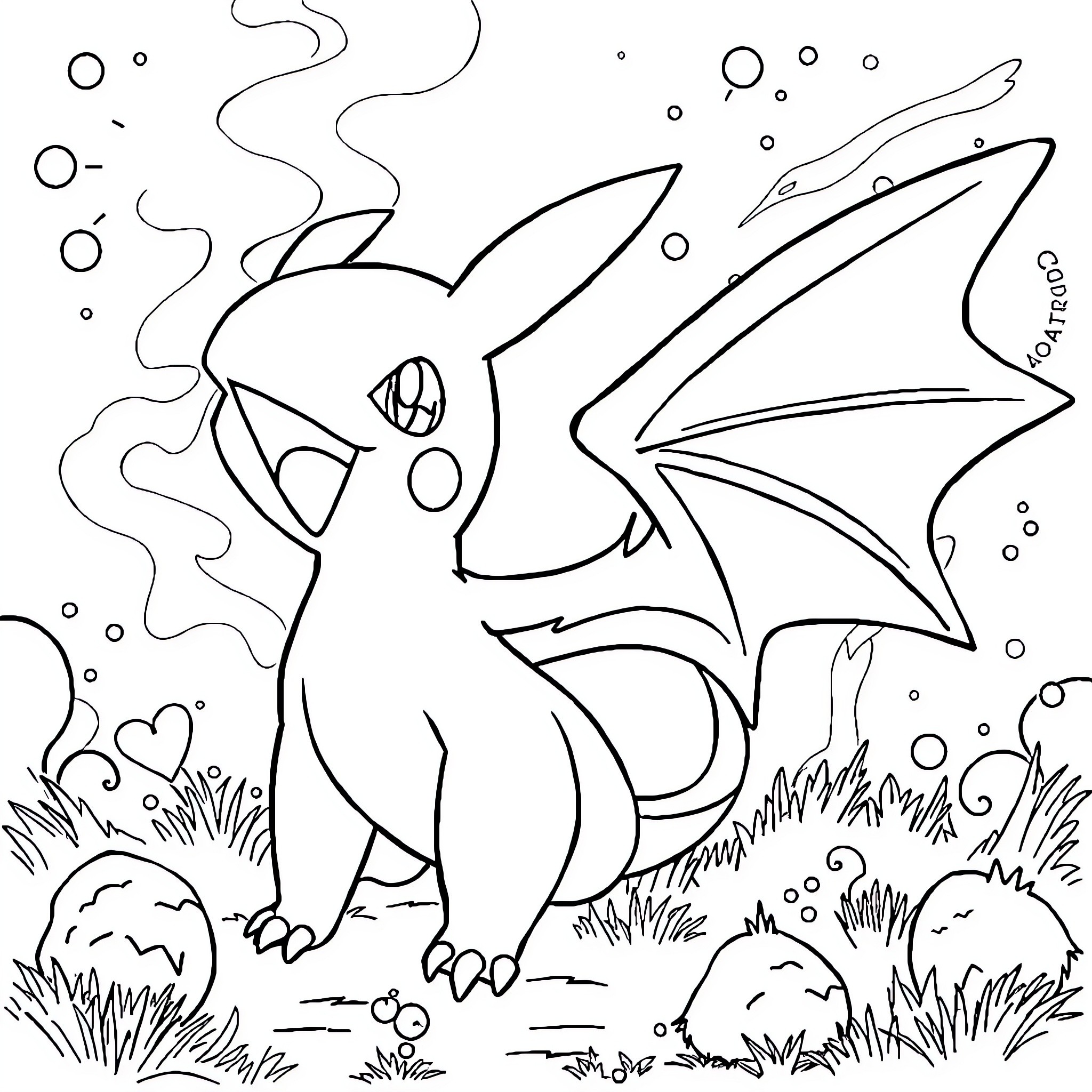 Legendary Pokemon in Whimsical Outdoor Scene Coloring Page (free black-and-white line drawing printable PDF for all, from beginners to advanced learners, including children, teens, adults, and seniors)