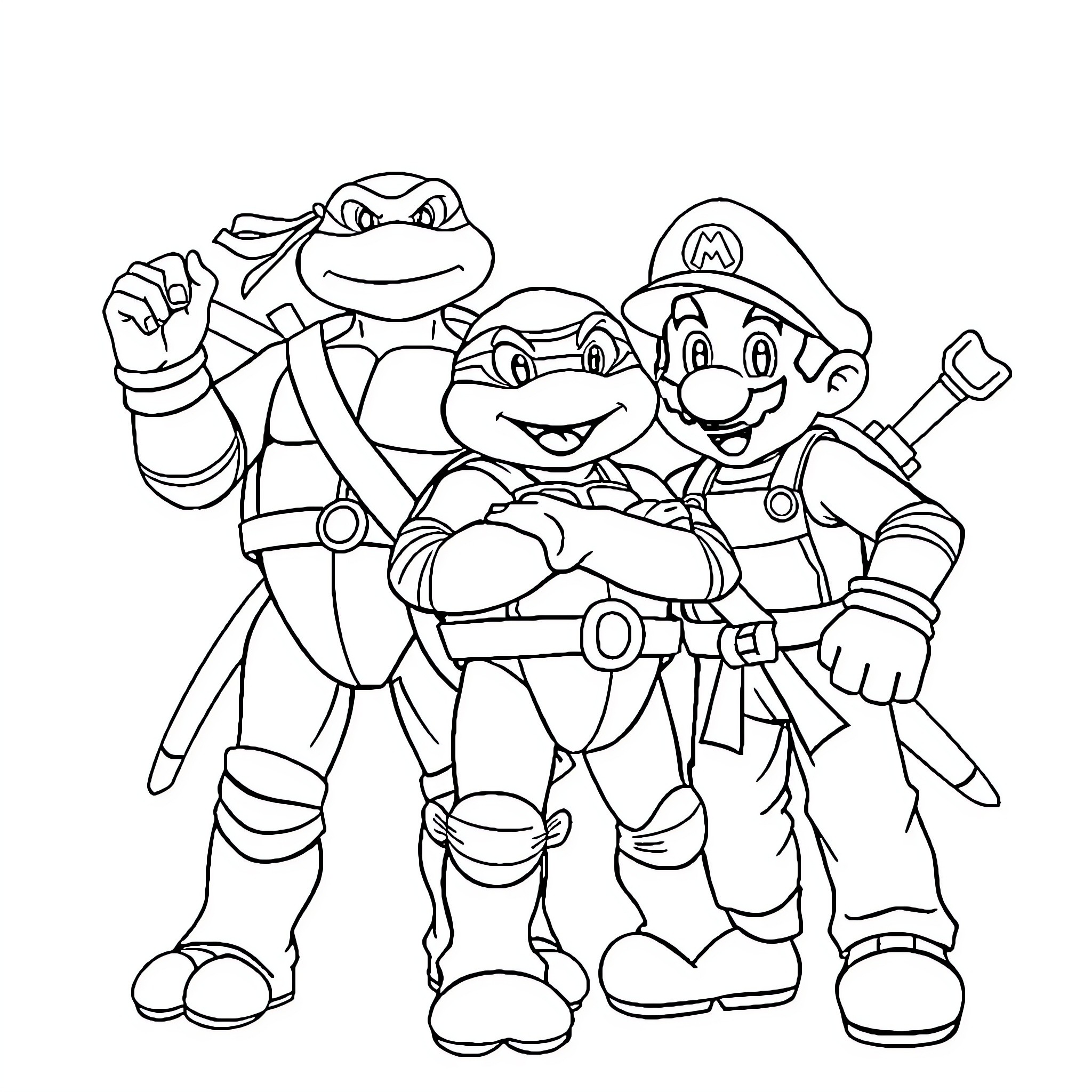 Ninja Turtle friends in action-packed adventure Coloring Page (free black-and-white line drawing printable PDF for all, from beginners to advanced learners, including children, teens, adults, and seniors)