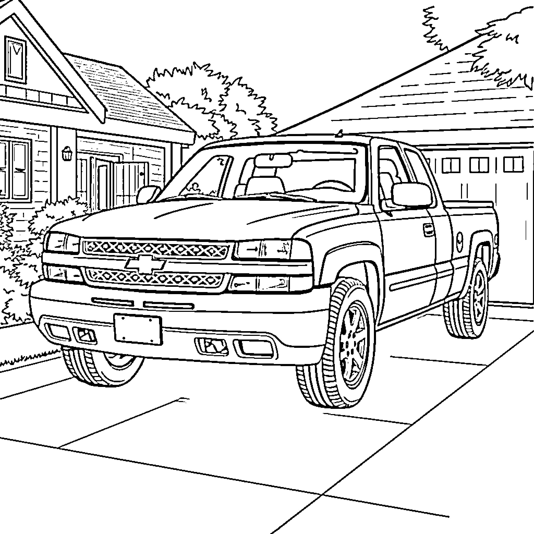 Chevrolet Silverado parked in front of a residential house Coloring Page (free black-and-white line drawing printable PDF for all, from beginners to advanced learners, including children, teens, adults, and seniors)