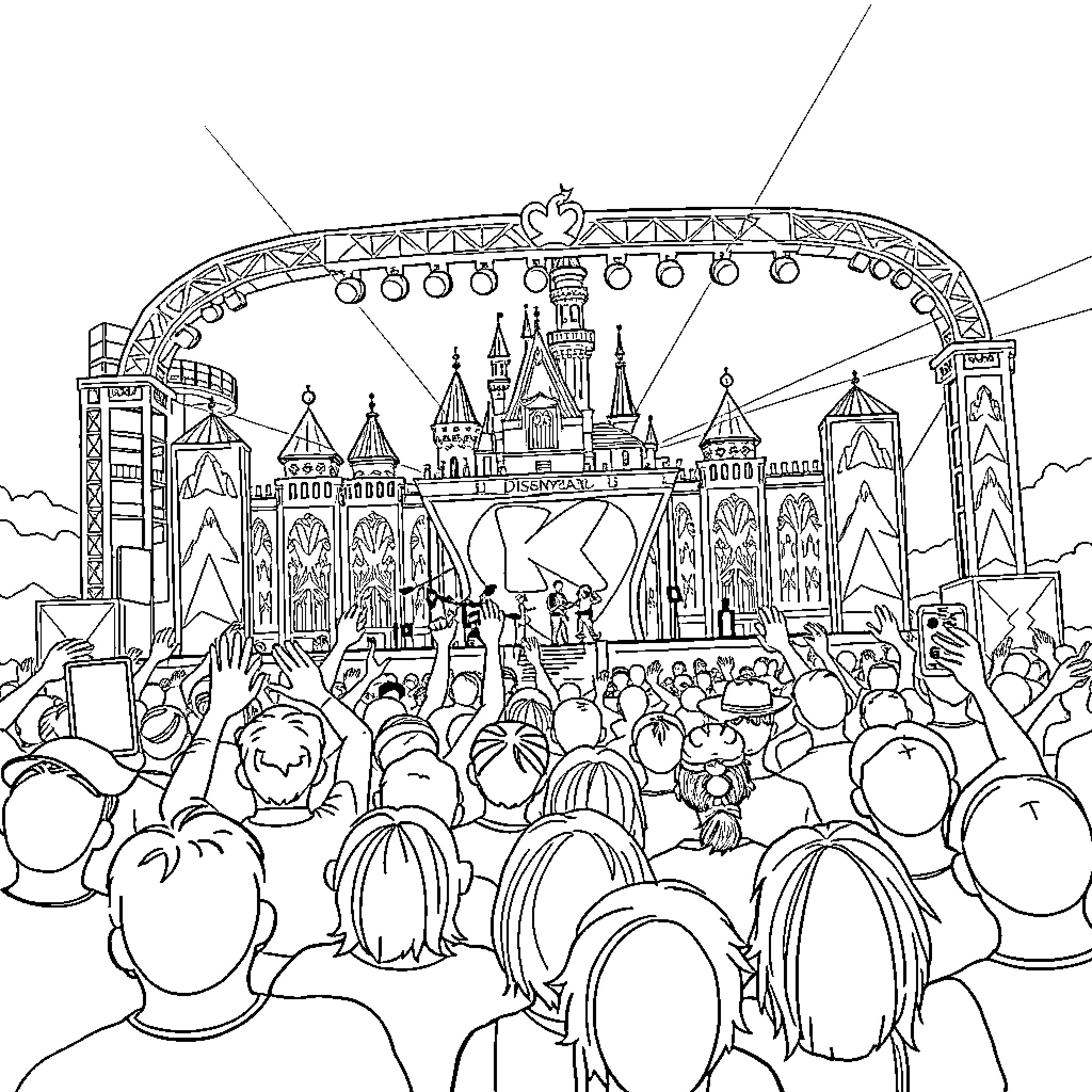 Kpop Concert with Crowd Cheering at Illuminated Stage Coloring Page (free black-and-white line drawing printable PDF for all, from beginners to advanced learners, including children, teens, adults, and seniors)