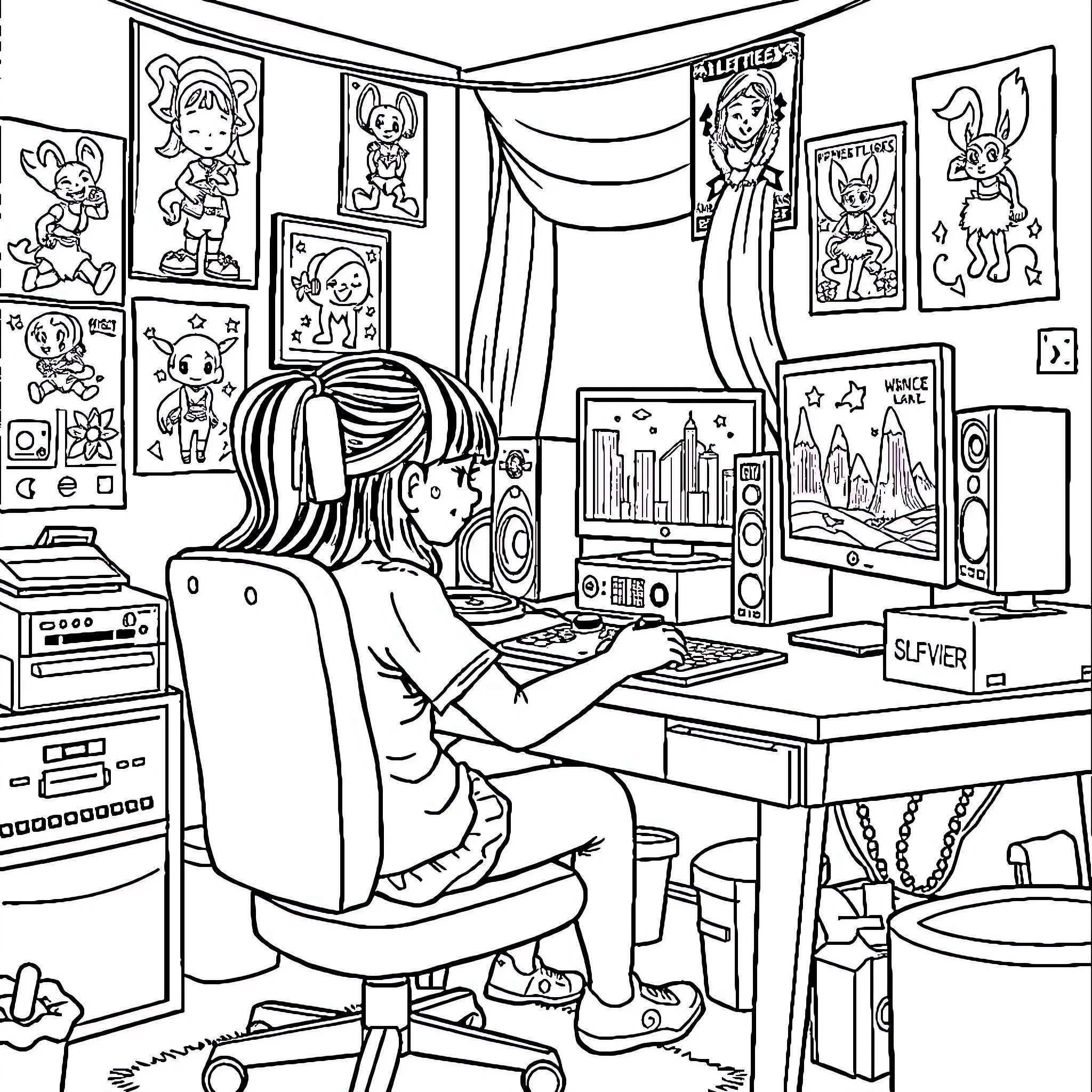Girl studying at her messy desk in her bedroom Coloring Page (free black-and-white line drawing printable PDF for all, from beginners to advanced learners, including children, teens, adults, and seniors)