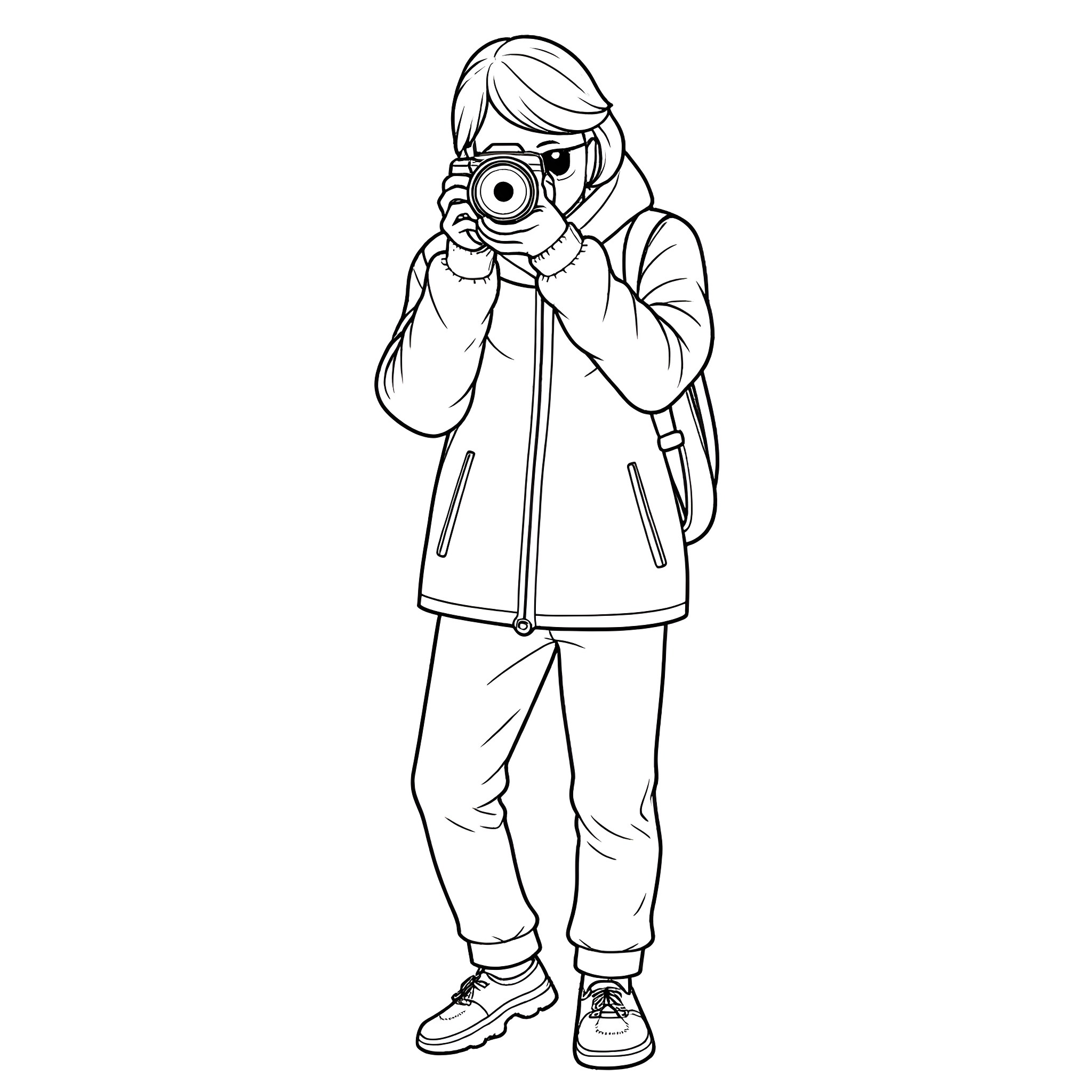Photographer capturing the scene with a camera Coloring Page (free black-and-white line drawing printable PDF for all, from beginners to advanced learners, including children, teens, adults, and seniors)