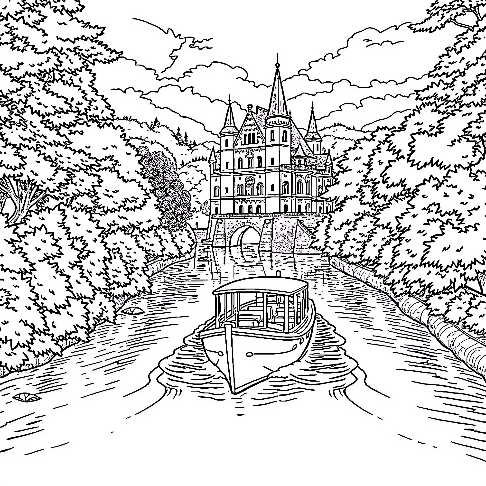 Boat sailing through lake near castle in forest Coloring Page (free black-and-white line drawing printable PDF for all, from beginners to advanced learners, including children, teens, adults, and seniors)