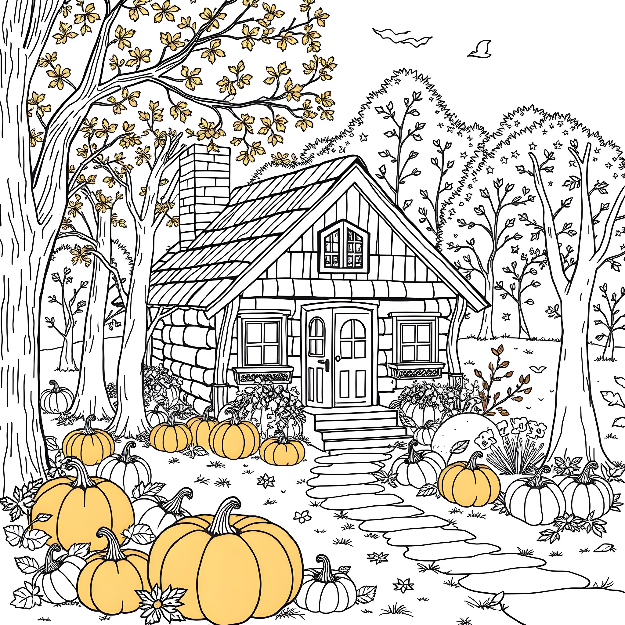 Cabin in the Autumn Landscape with Pumpkins Coloring Page (free black-and-white line drawing printable PDF for all, from beginners to advanced learners, including children, teens, adults, and seniors)